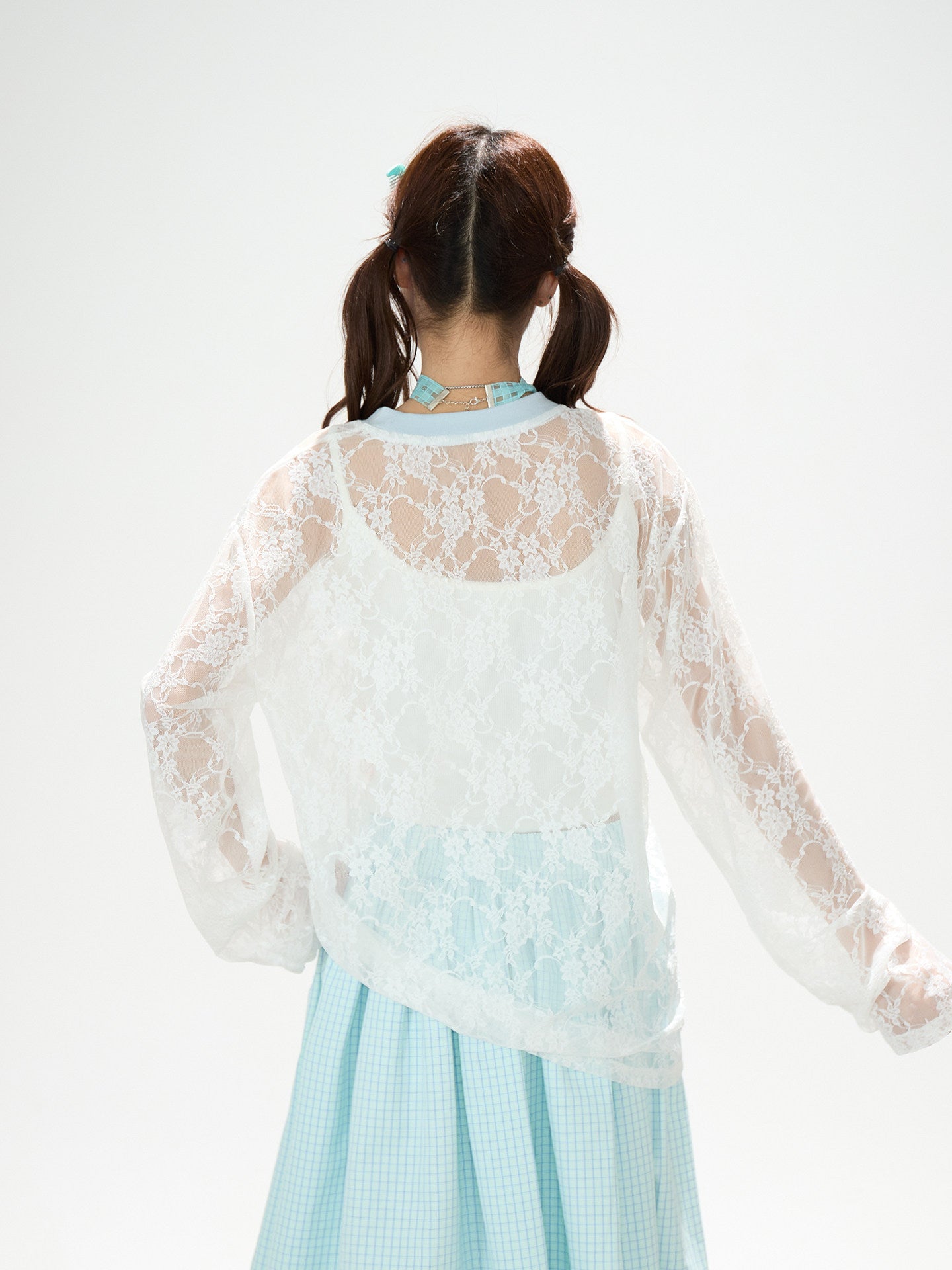 Bunny Sheer Lace Long Sleeve Top & Mint Plaid A-Line Skirt