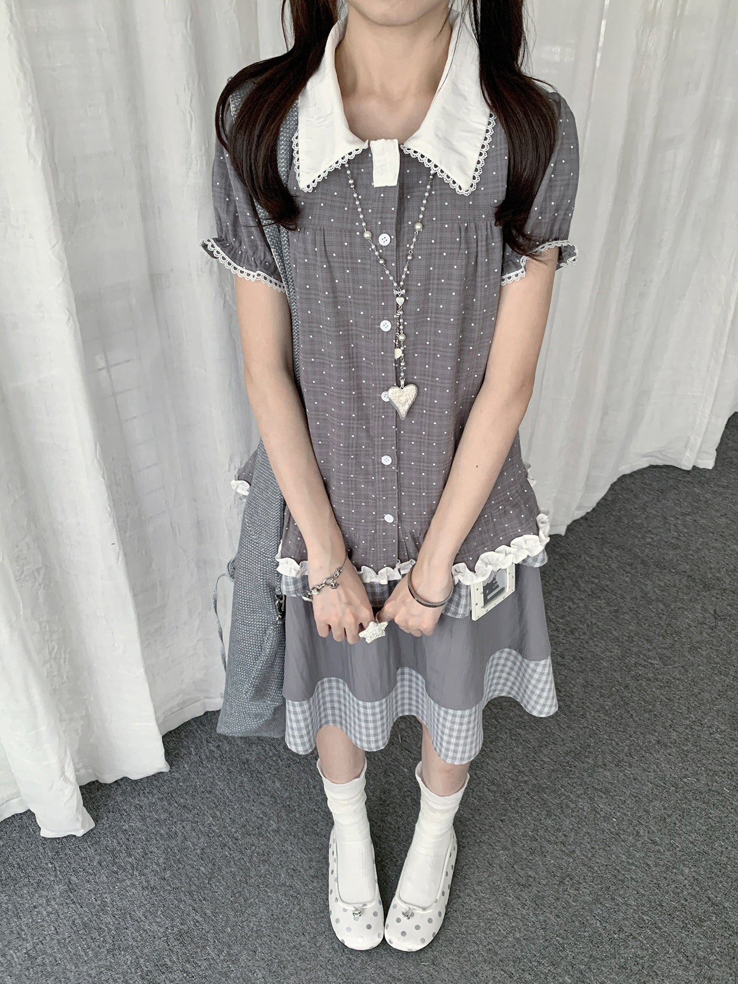 Polka Dot Peter Pan Collar Ruffle-Hem Blouse