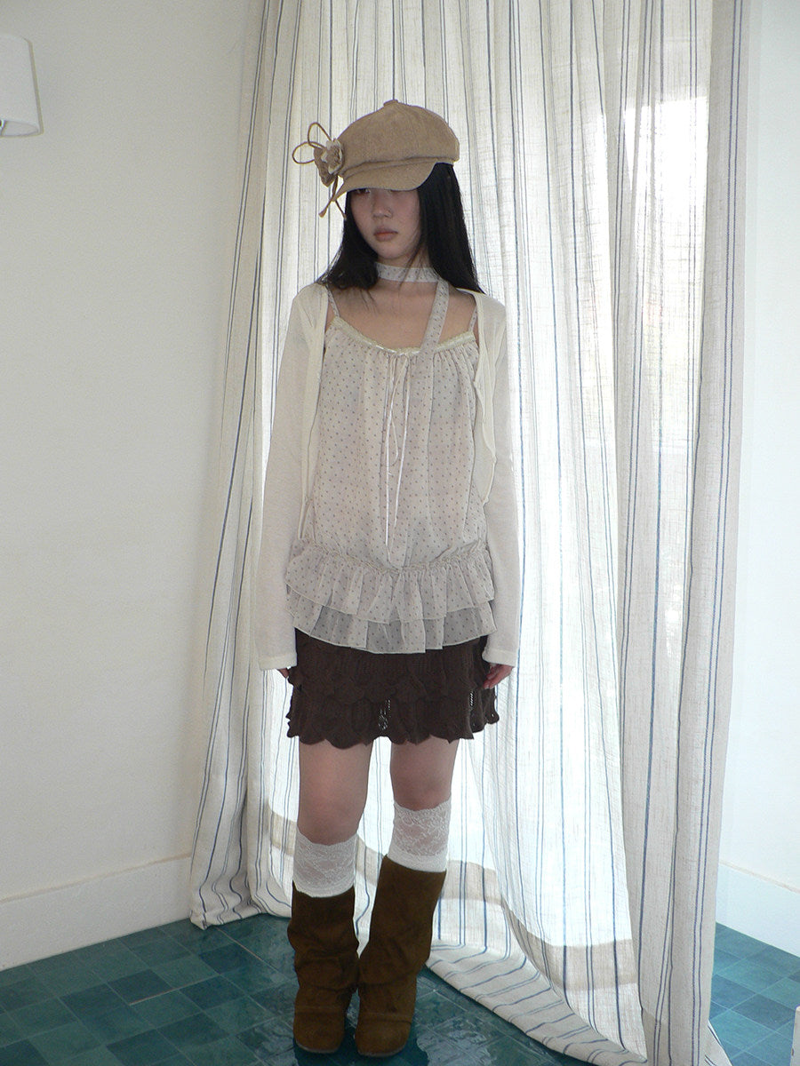 Polka Dot Ruffle Camisole & Cardigan Set with Scarf