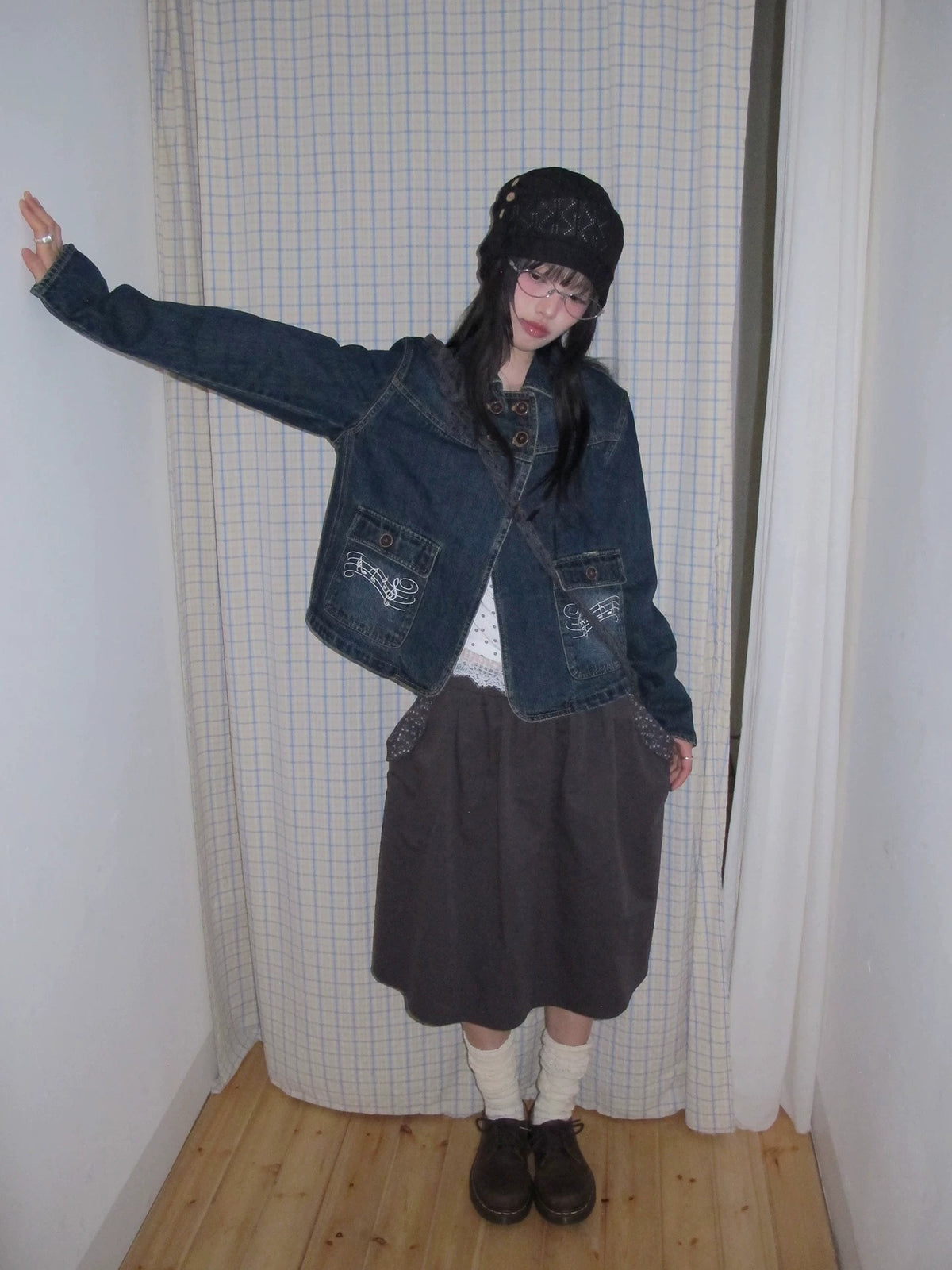 Washed Denim Music-Note Embroidered Jacket