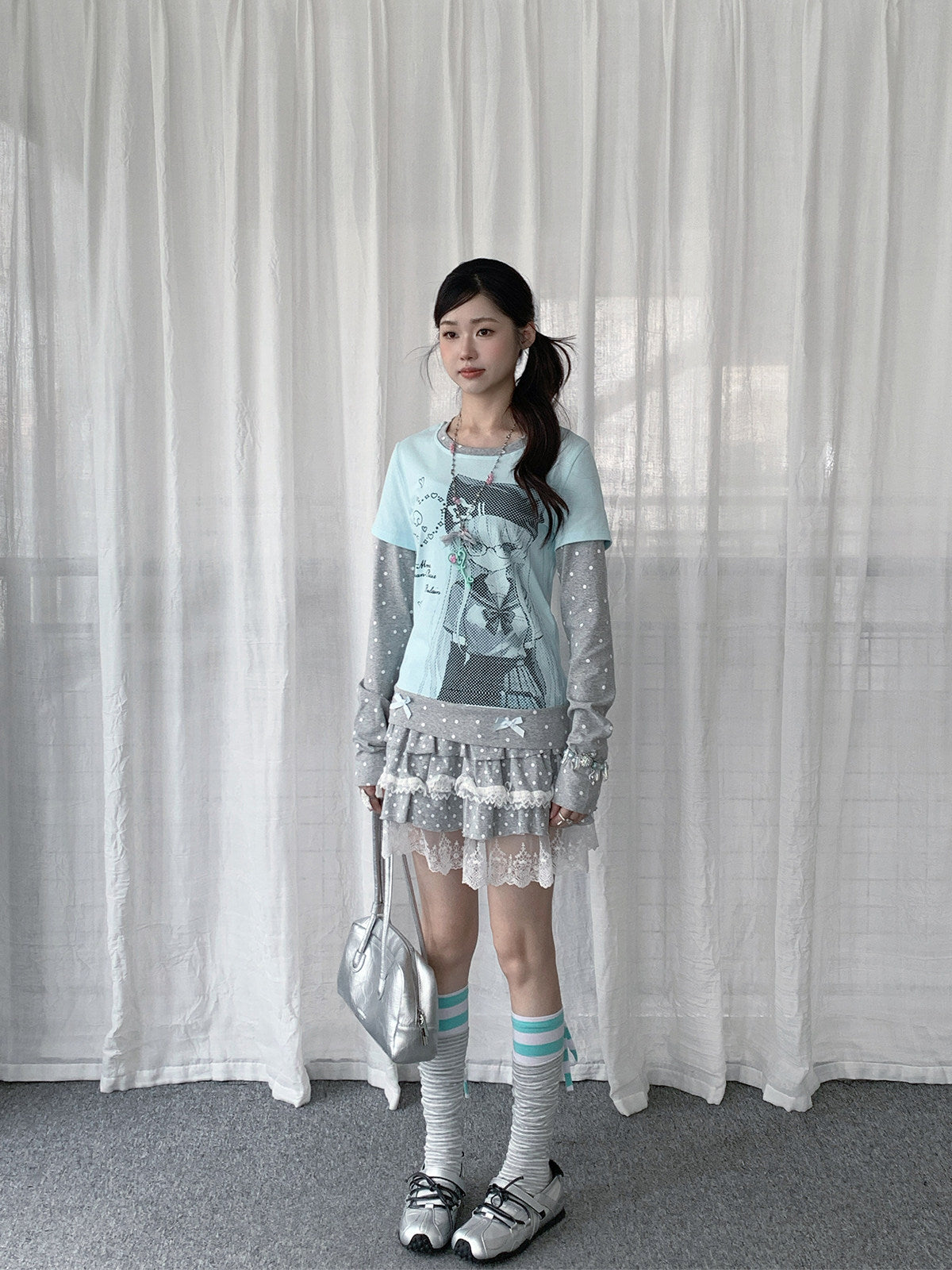 Polka Dot Faux-Layer Girl Graphic Long Sleeve Tee