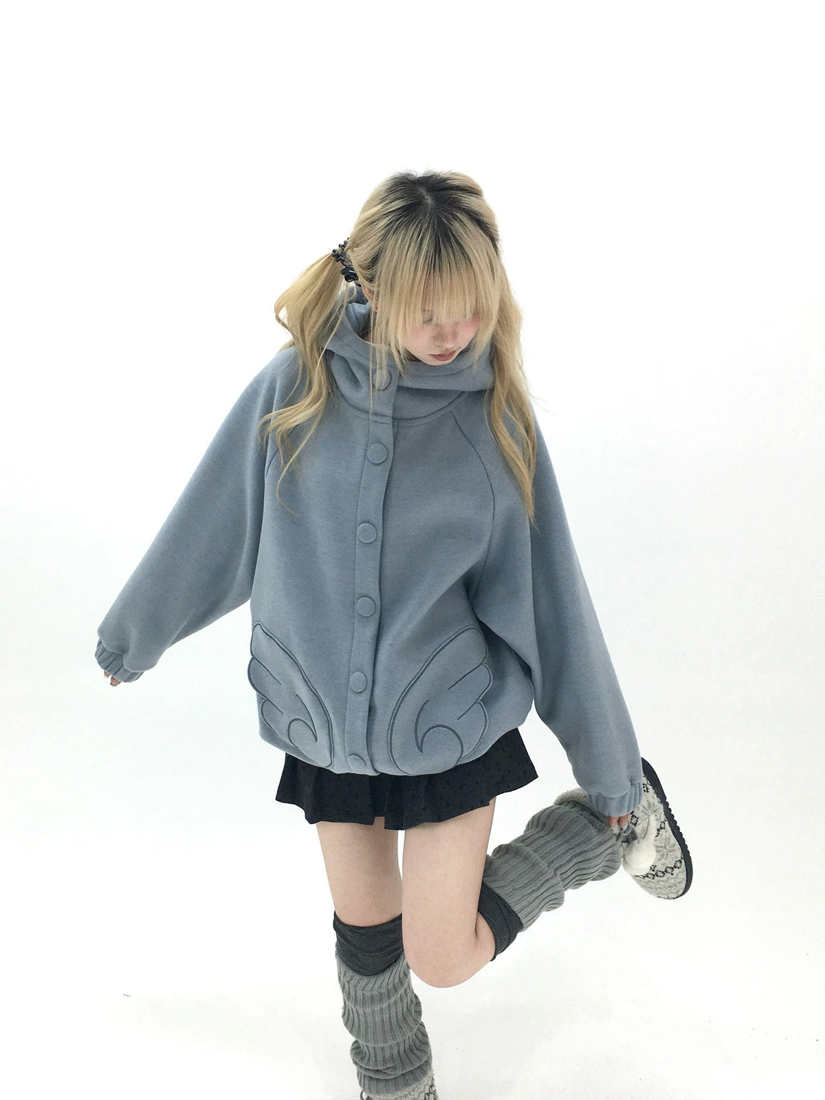 Dusty Blue & Ivory Fleece-Lined Cat Ear Wing Pocket Hooded Jacket