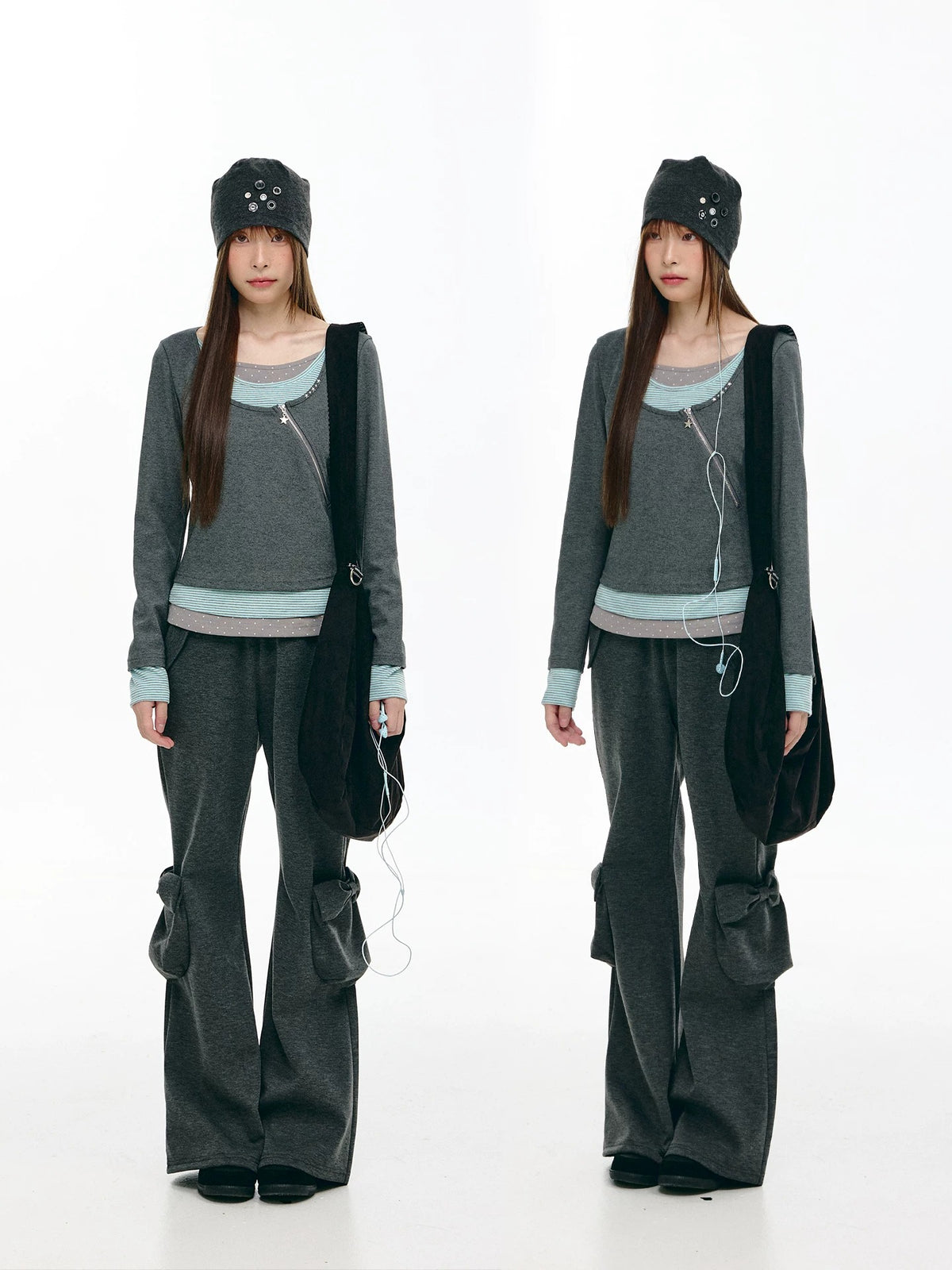 Diagonal Zip Faux-Layer Long Sleeve Top