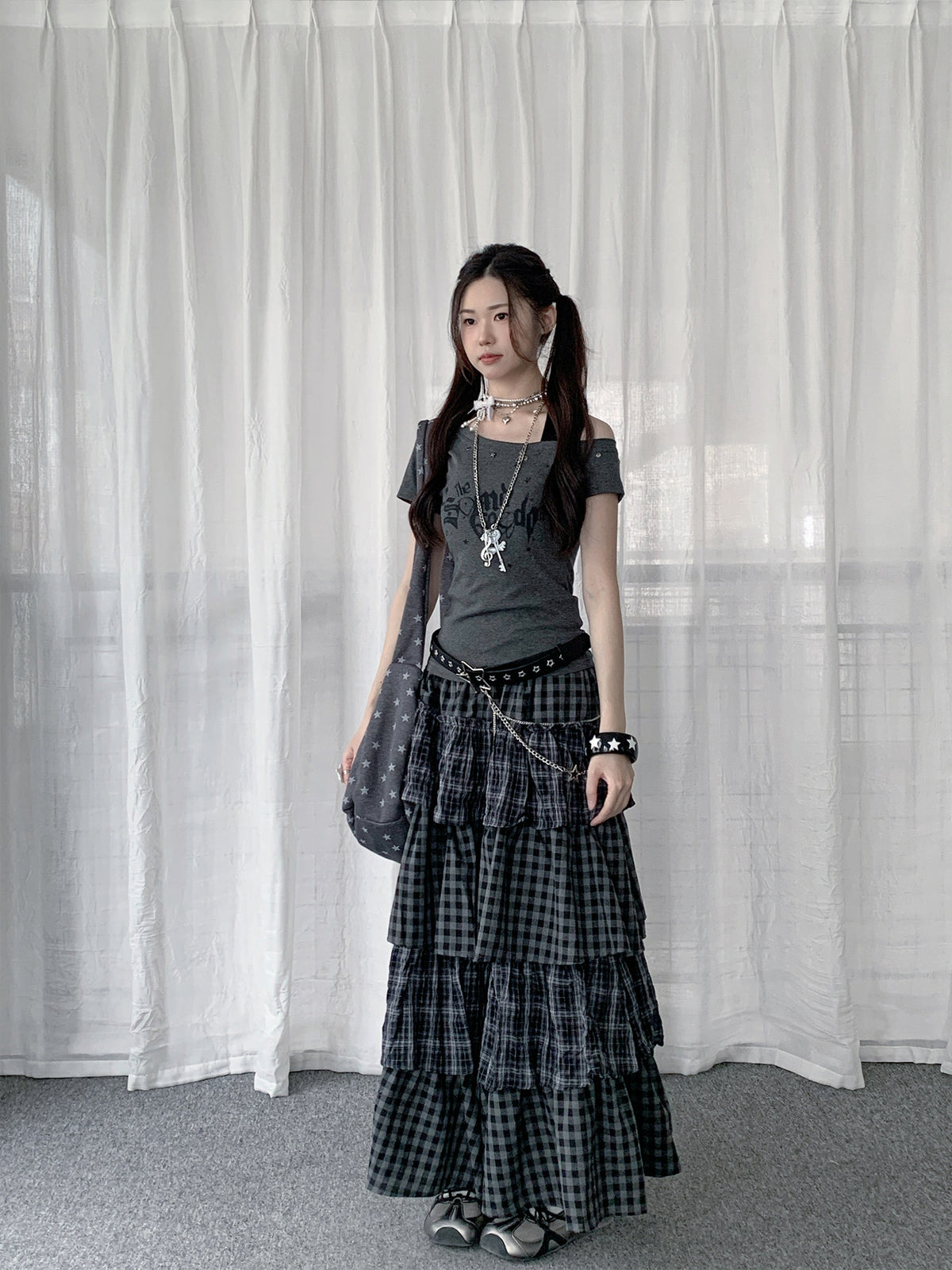 Gray Plaid Tiered Maxi Skirt
