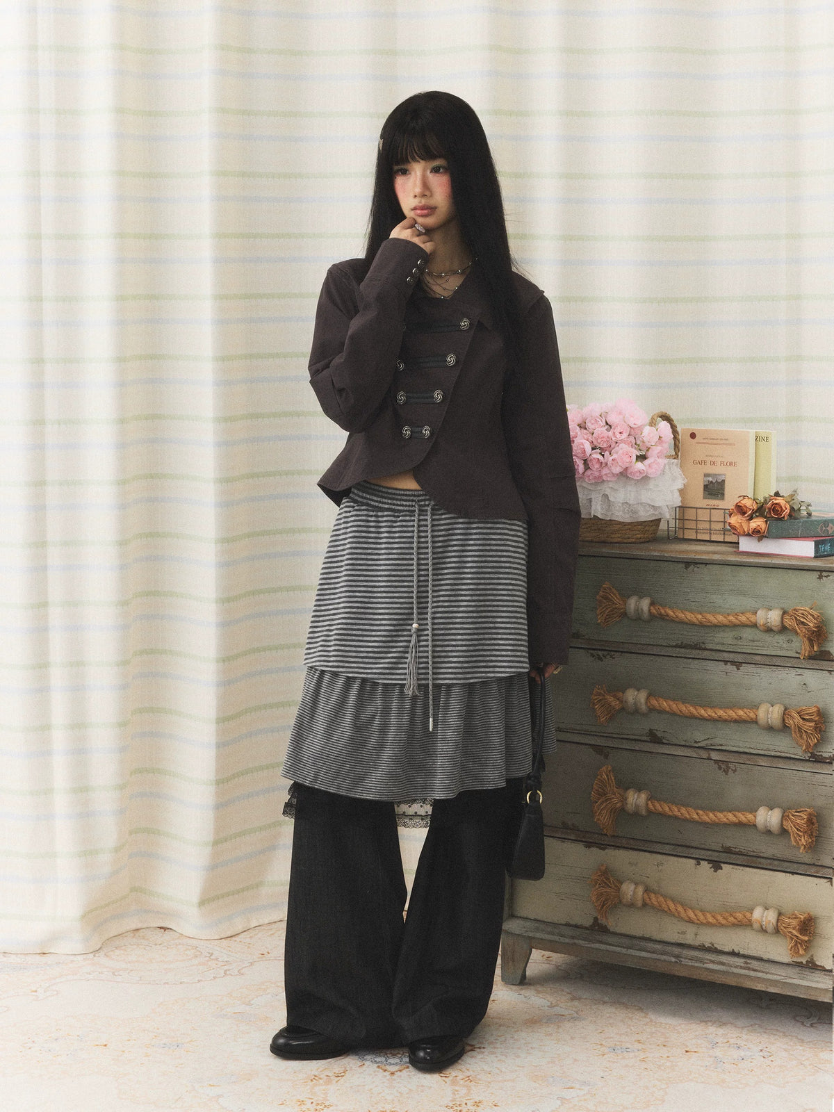 Striped Layered Skirt Wide-Leg Pants