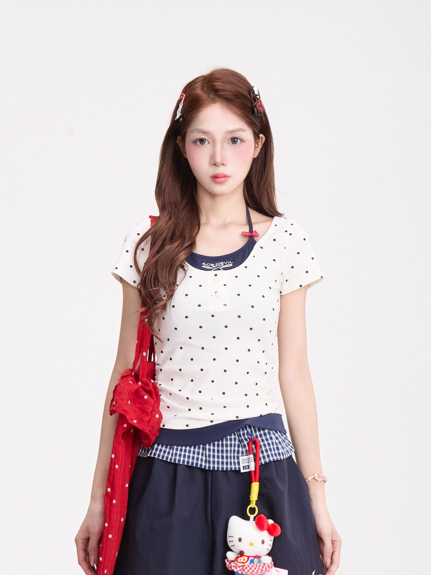 Polka Dot Baby Tee & Navy Wide-Leg Pants