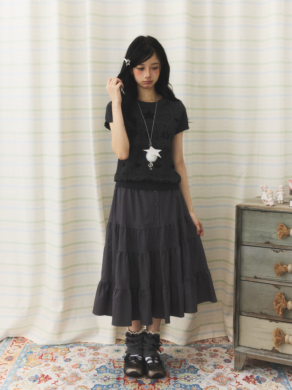 Vintage Jacquard Knit Short Sleeve Top