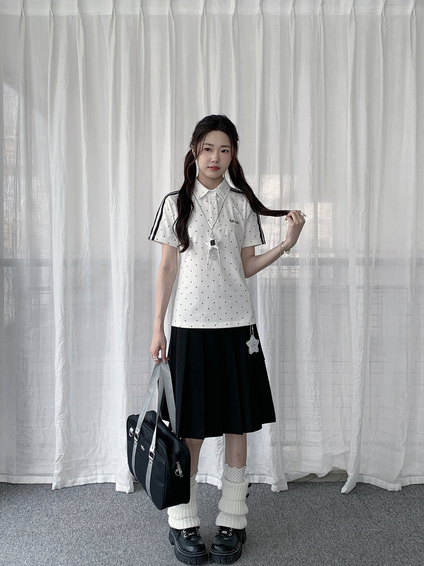 Polka Dot Stripe-Trim Fitted Polo Top