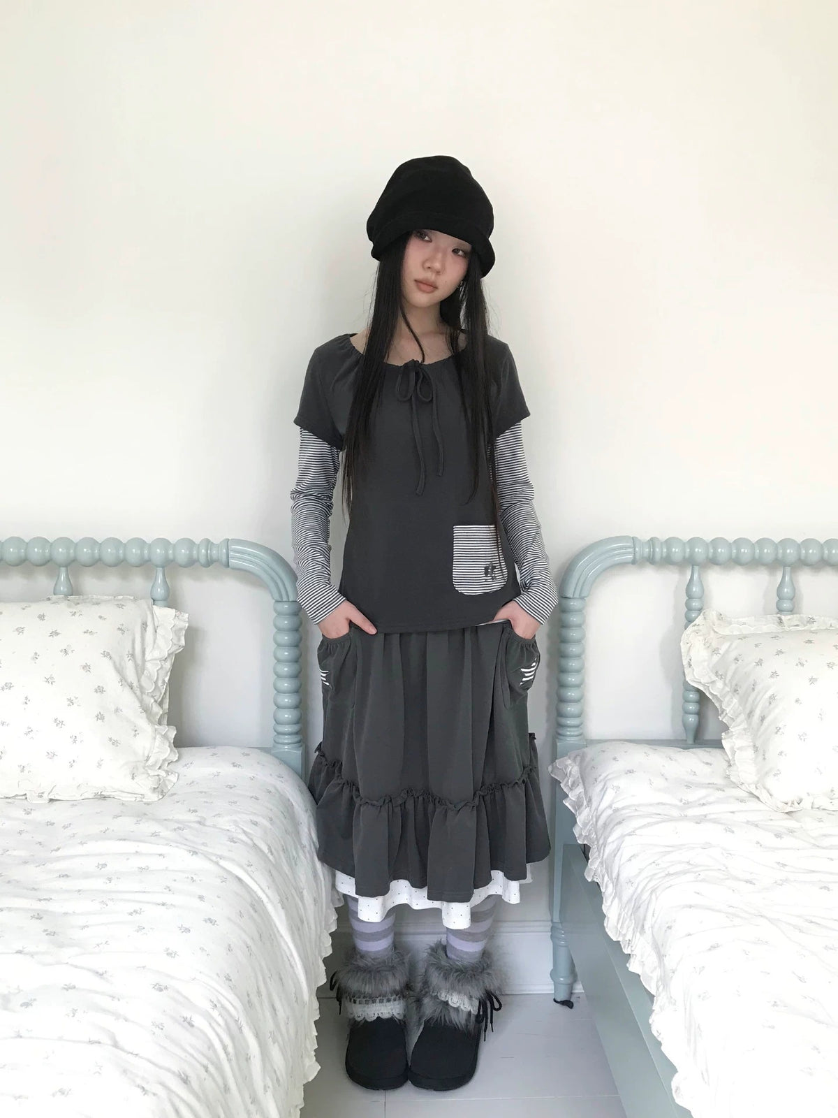 Tie-Neck Striped Faux-Layer Long Sleeve Top