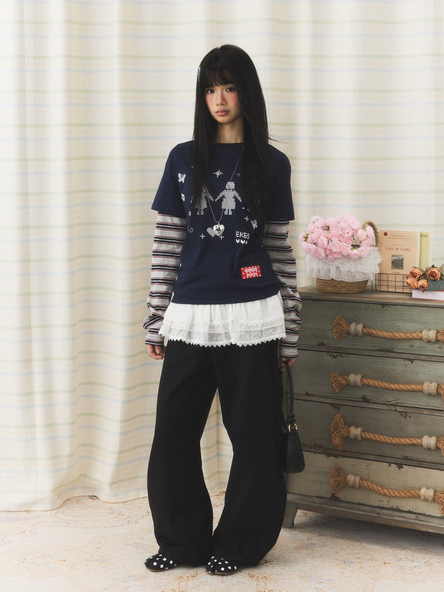 Navy Pixel Girl Stripe Faux-Layer Long-Sleeve Tee