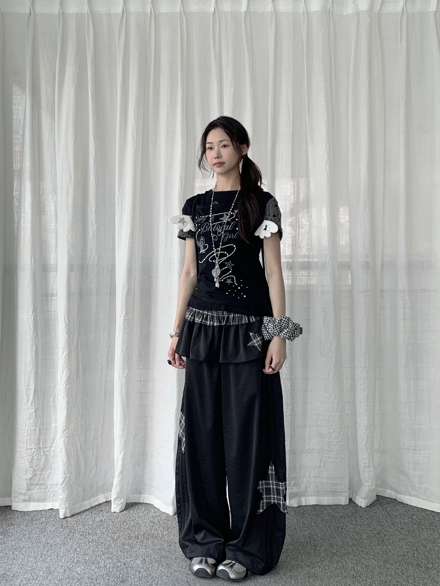 Star Patch Layered Overskirt Wide-Leg Pants Set