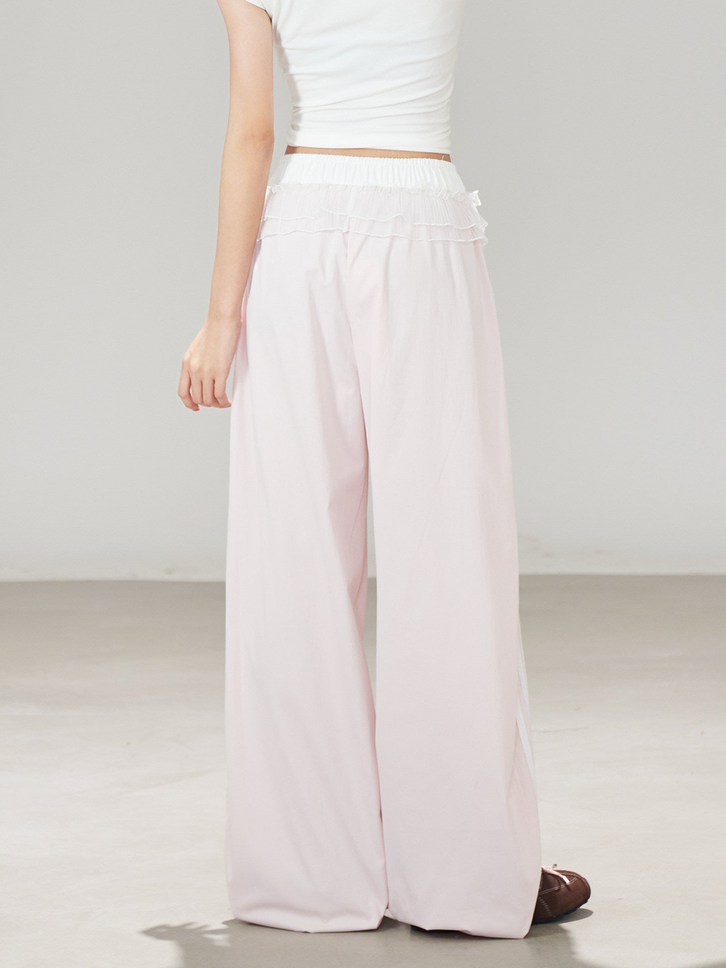 Ruffle Waist Side Stripe Wide-Leg Pants