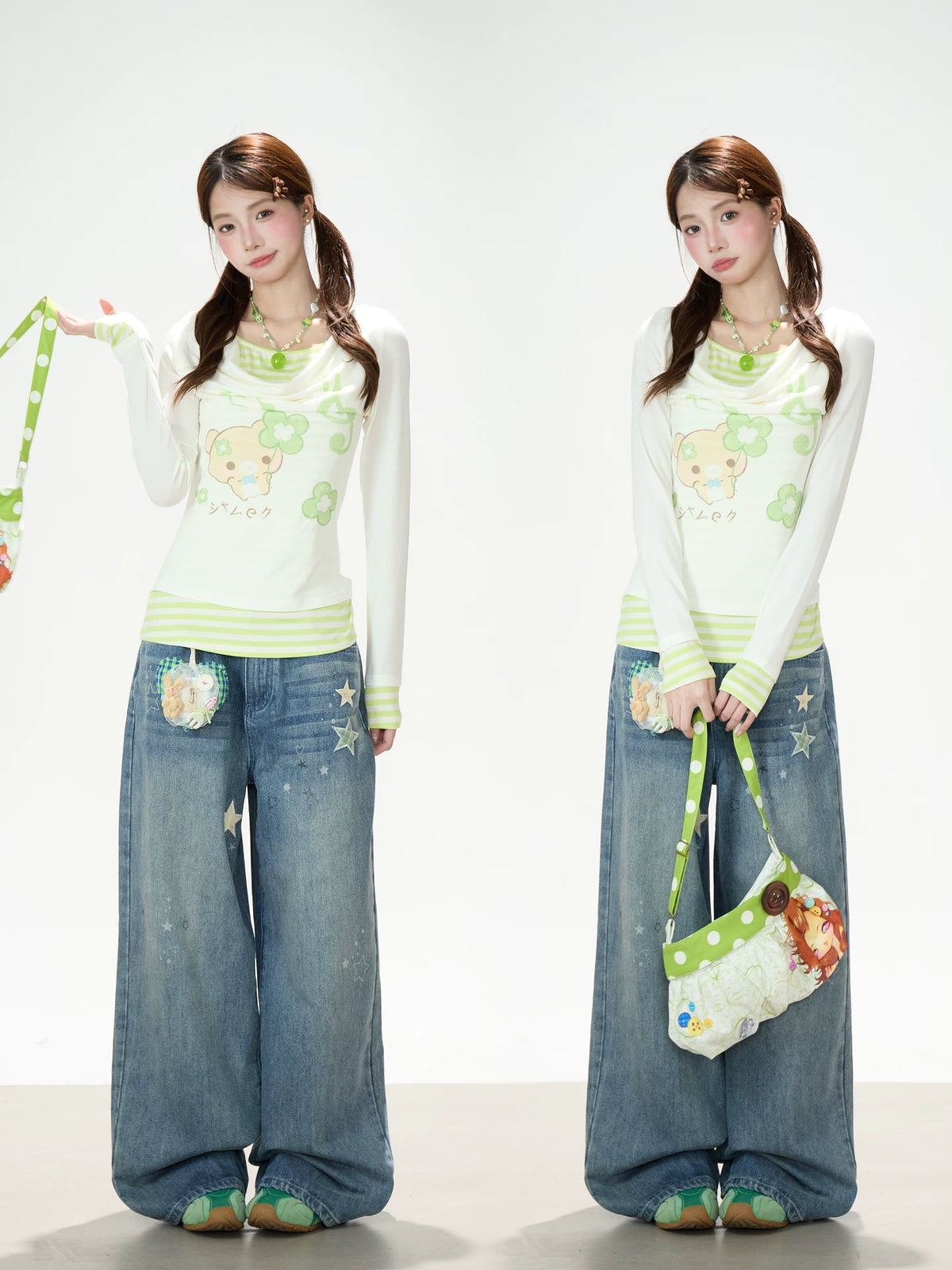 Vintage Washed Star Print Wide-Leg Jeans