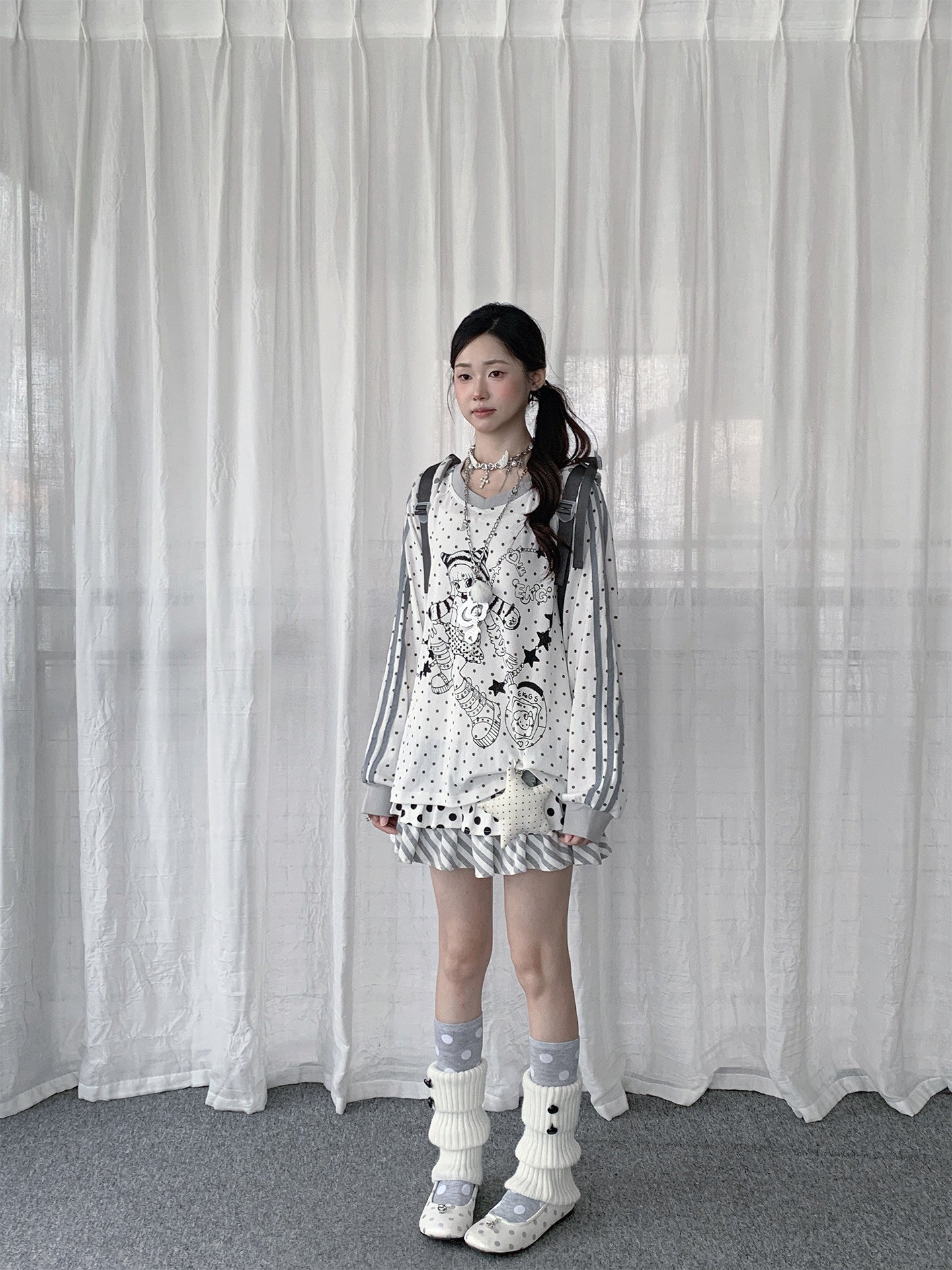 Polka Dot Star Girl V-Neck Long-Sleeve Tee