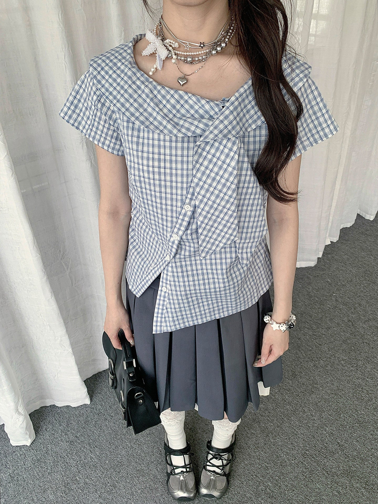 Blue Plaid Asymmetrical Collar Shirt