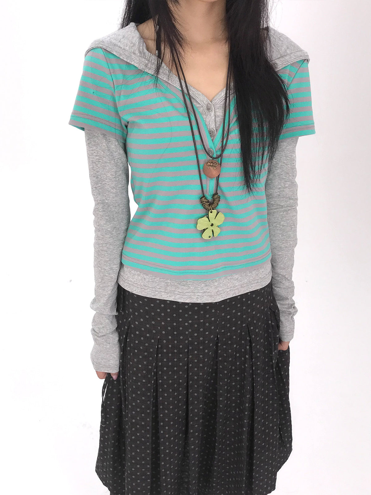 Striped Faux-Layered Hooded Long Sleeve Top