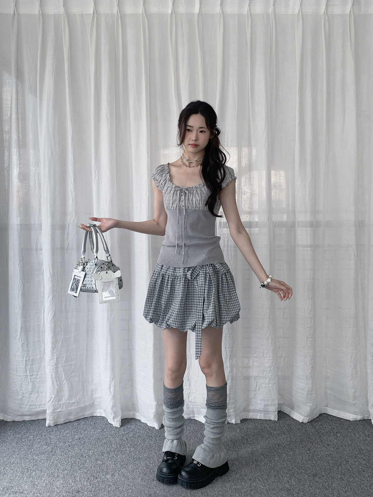 Light Gray Plaid Bow Bubble Mini Skirt