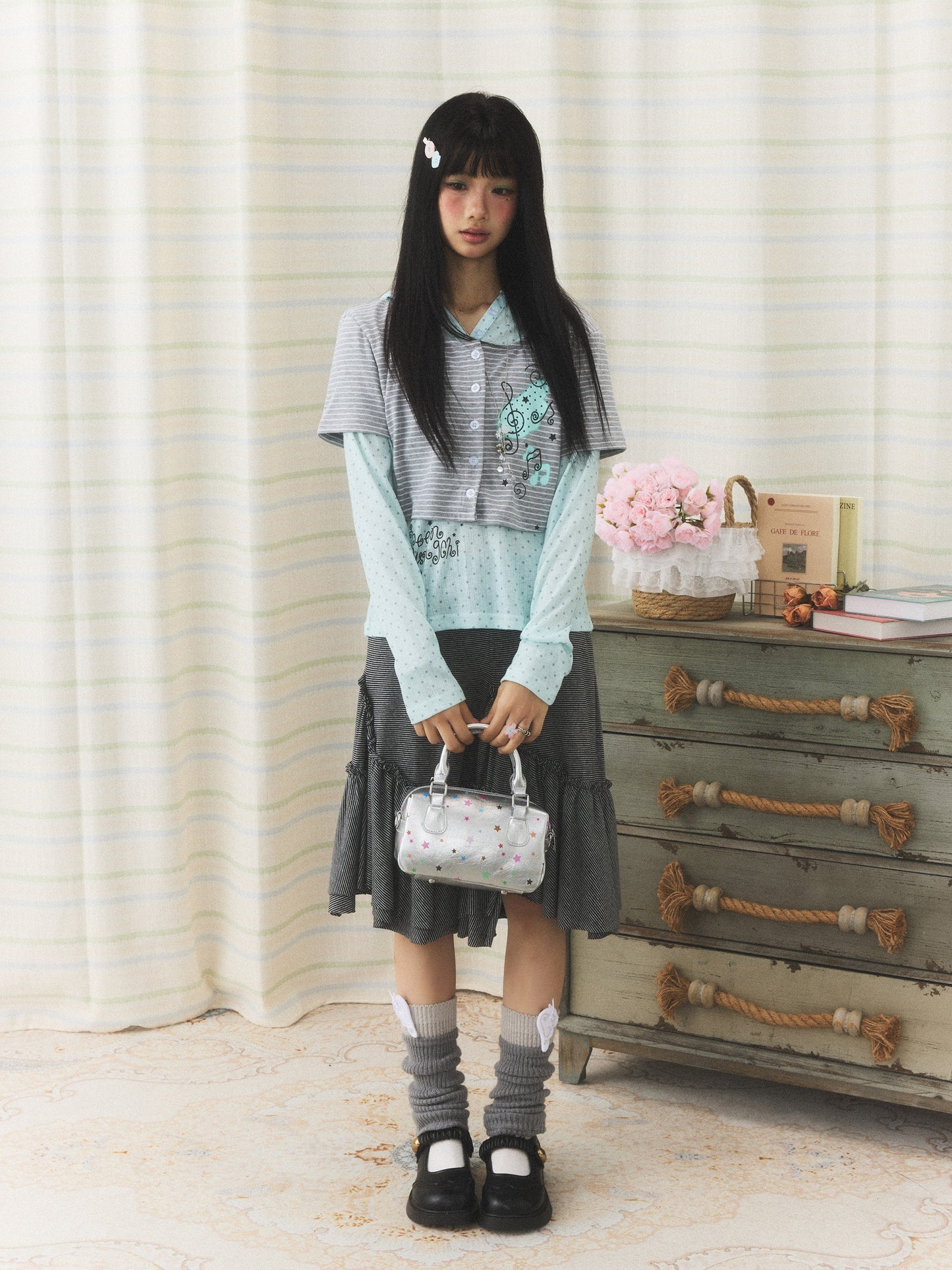 Mint Melody Faux-Layer Hooded Long-Sleeve Top