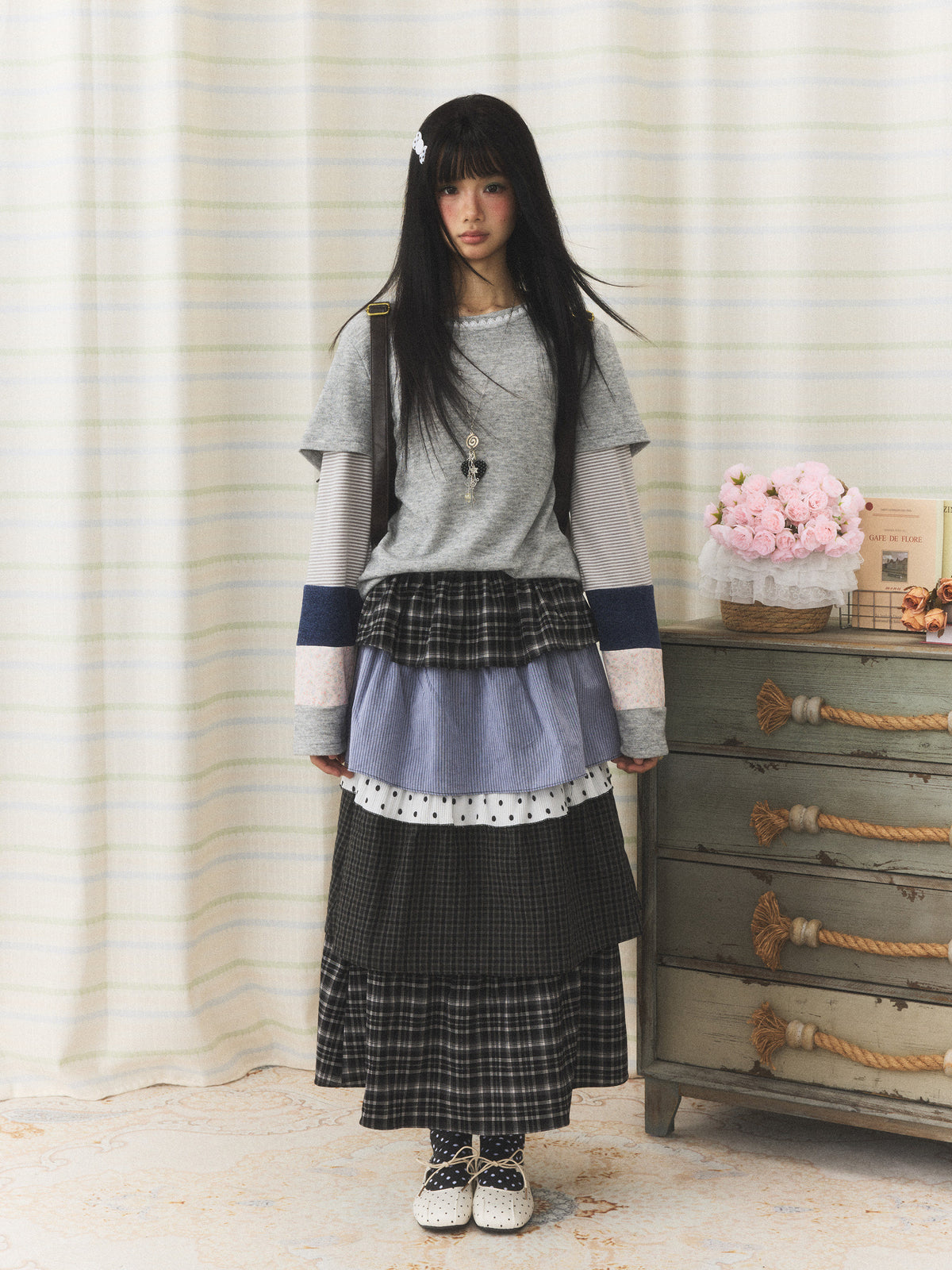 Gray Patchwork Layered Long Sleeve Top
