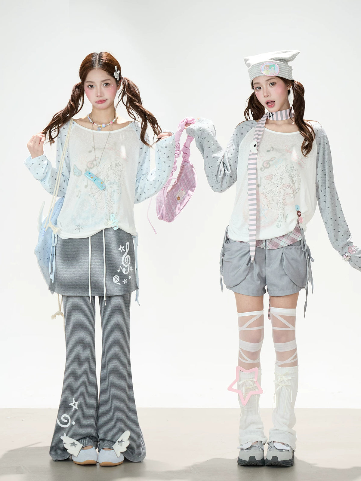 Dreamy Hand-Drawn Raglan Long Sleeve Top & Relaxed Wide-Leg Pants
