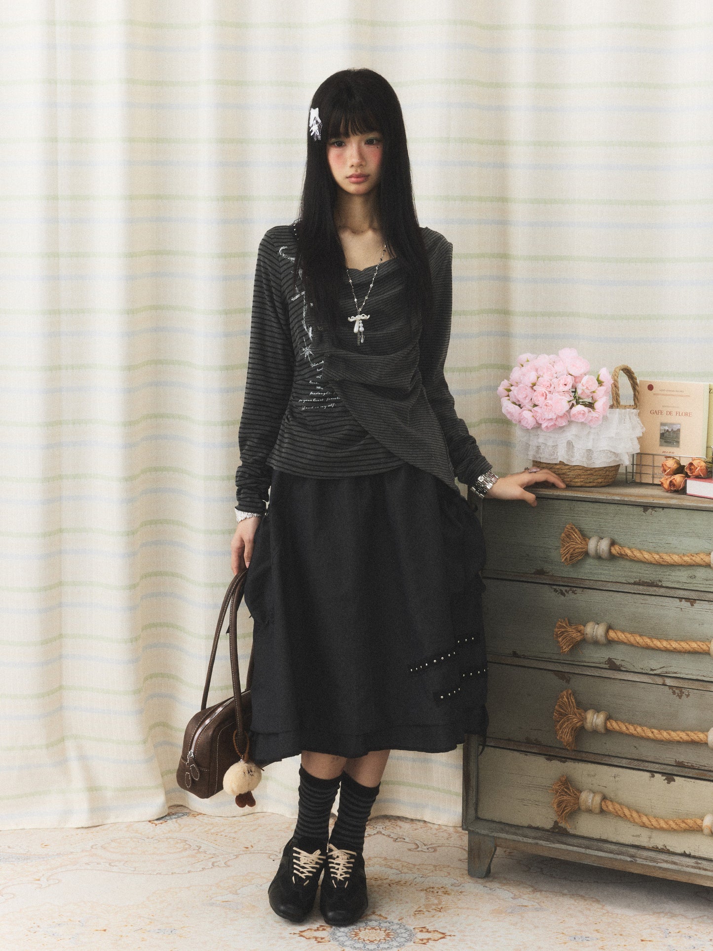 Charcoal Stripe Studded Draped-Neck Long-Sleeve Top