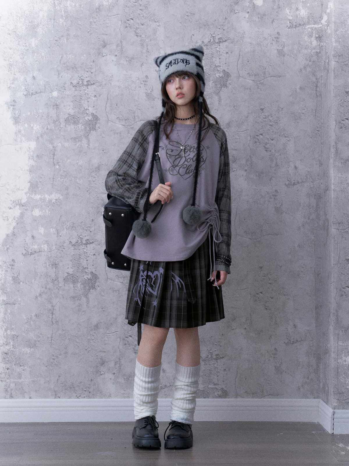 Double-Waist Graphic Plaid Pleated Midi Skirt