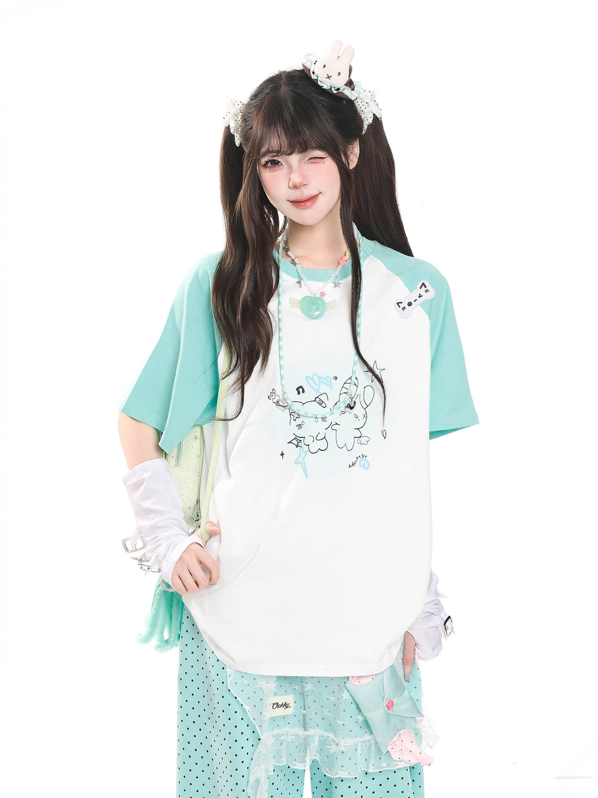 Kitty Sketch Colorblock Raglan Oversized Tee