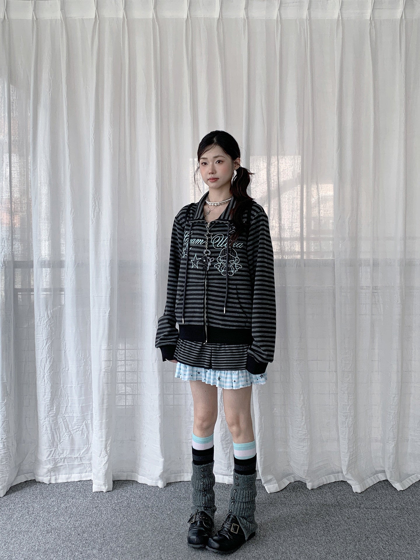 Star Charm Striped Embroidered Zip-Up Jacket
