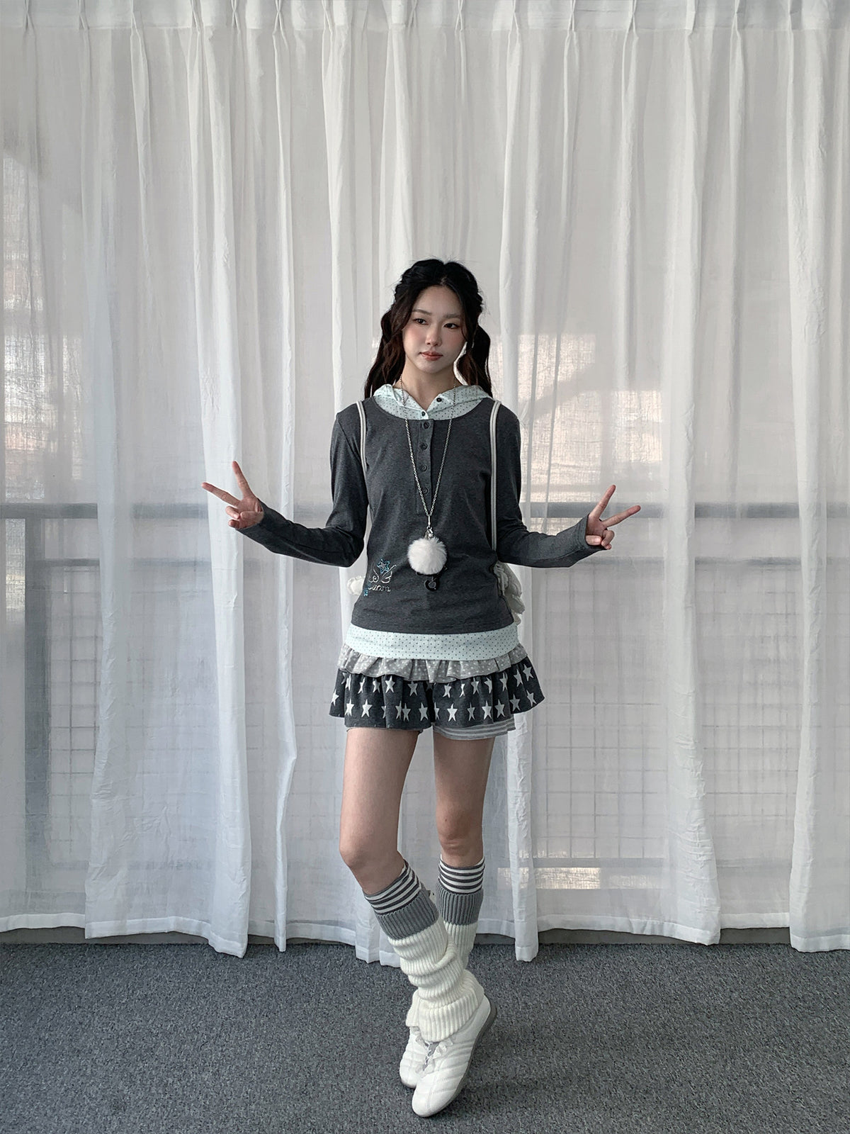 Polka Dot Layered Hooded Long Sleeve Top