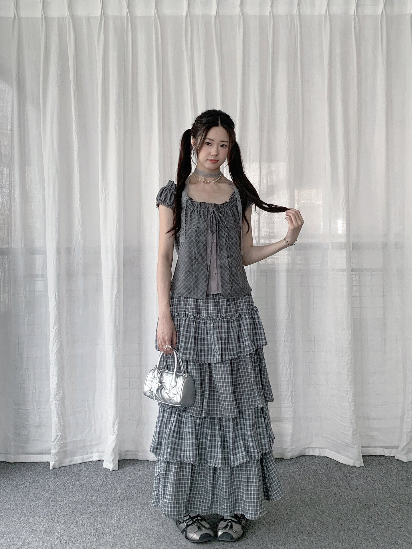 Plaid Patchwork Tiered Maxi Skirt