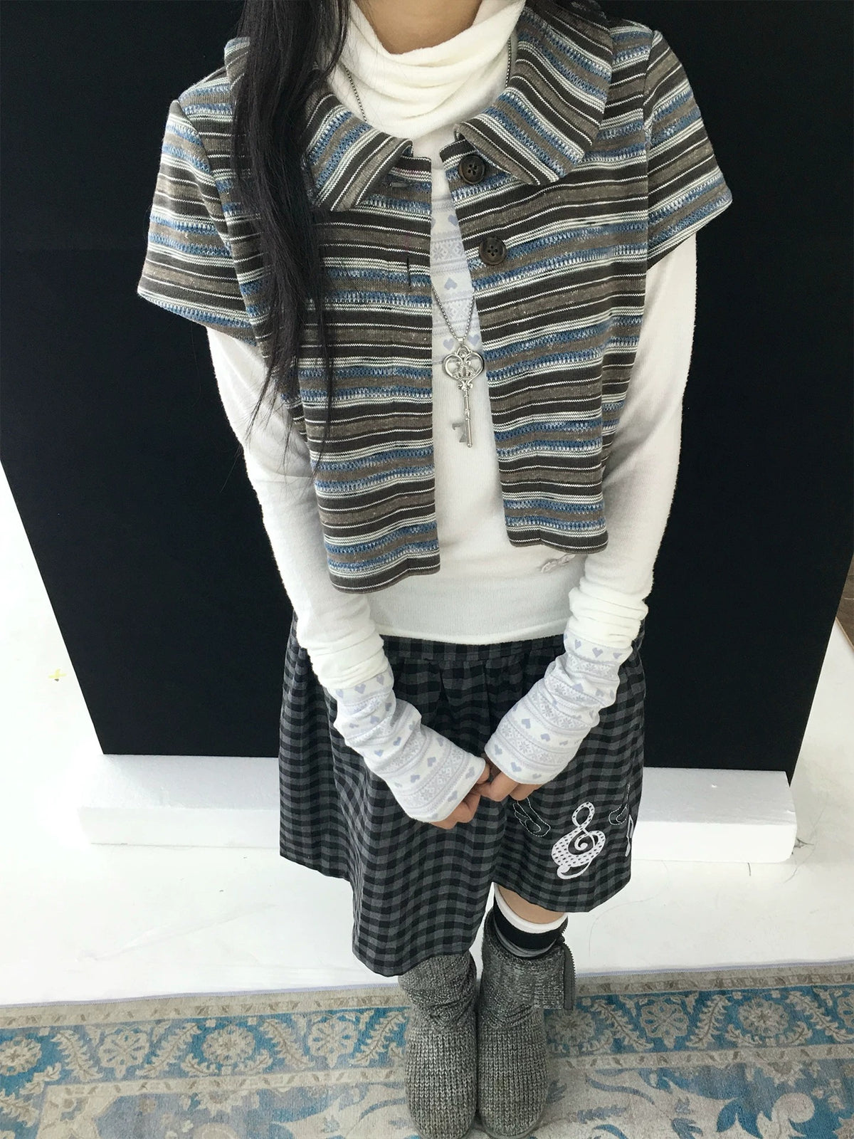 Vintage Blue Stripe Cropped Knit Cardigan Jacket