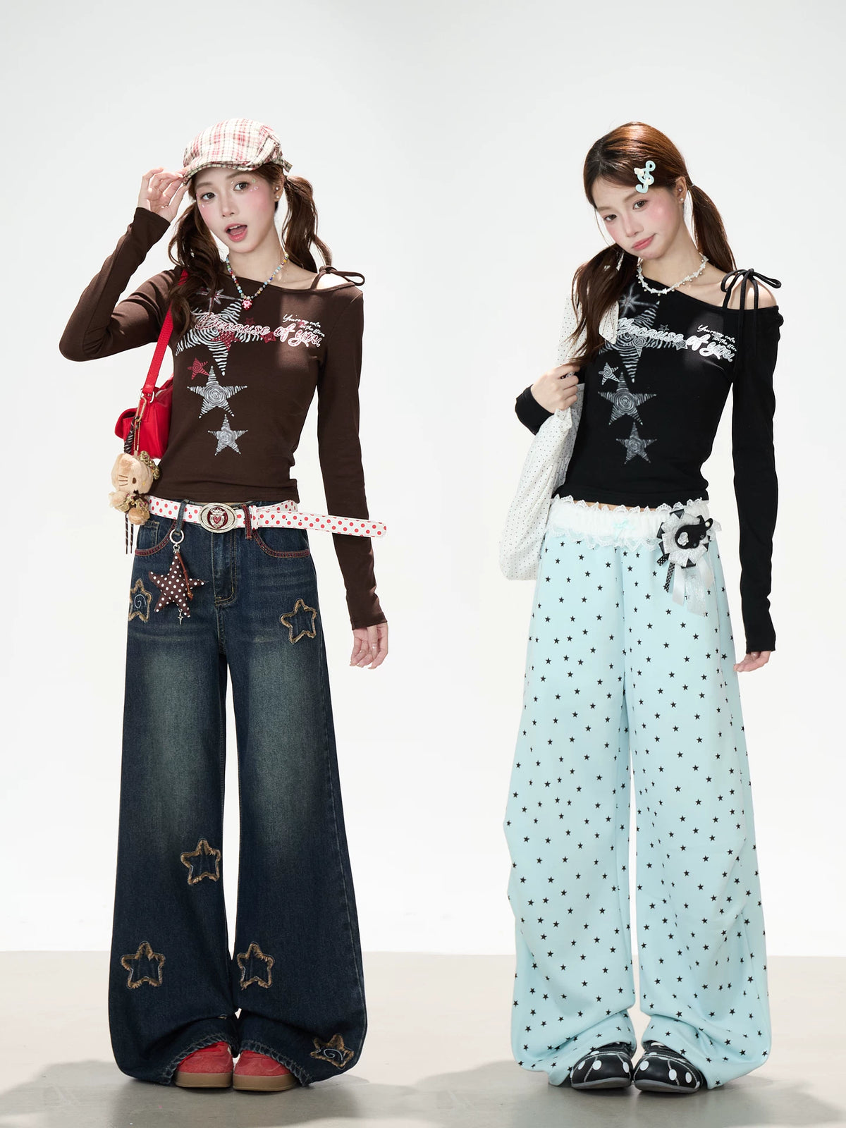 Vintage Star Print Off-Shoulder Long Sleeve Top & Star Patch Wide-Leg Jeans