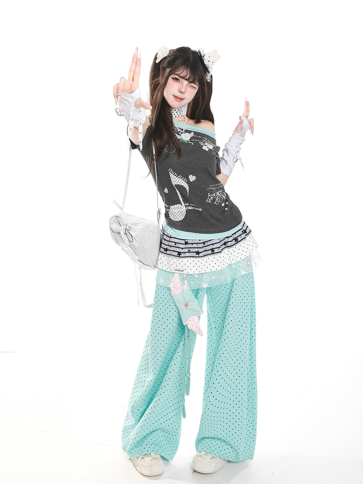 Music Note Faux-Layered Off-Shoulder Fitted Tee