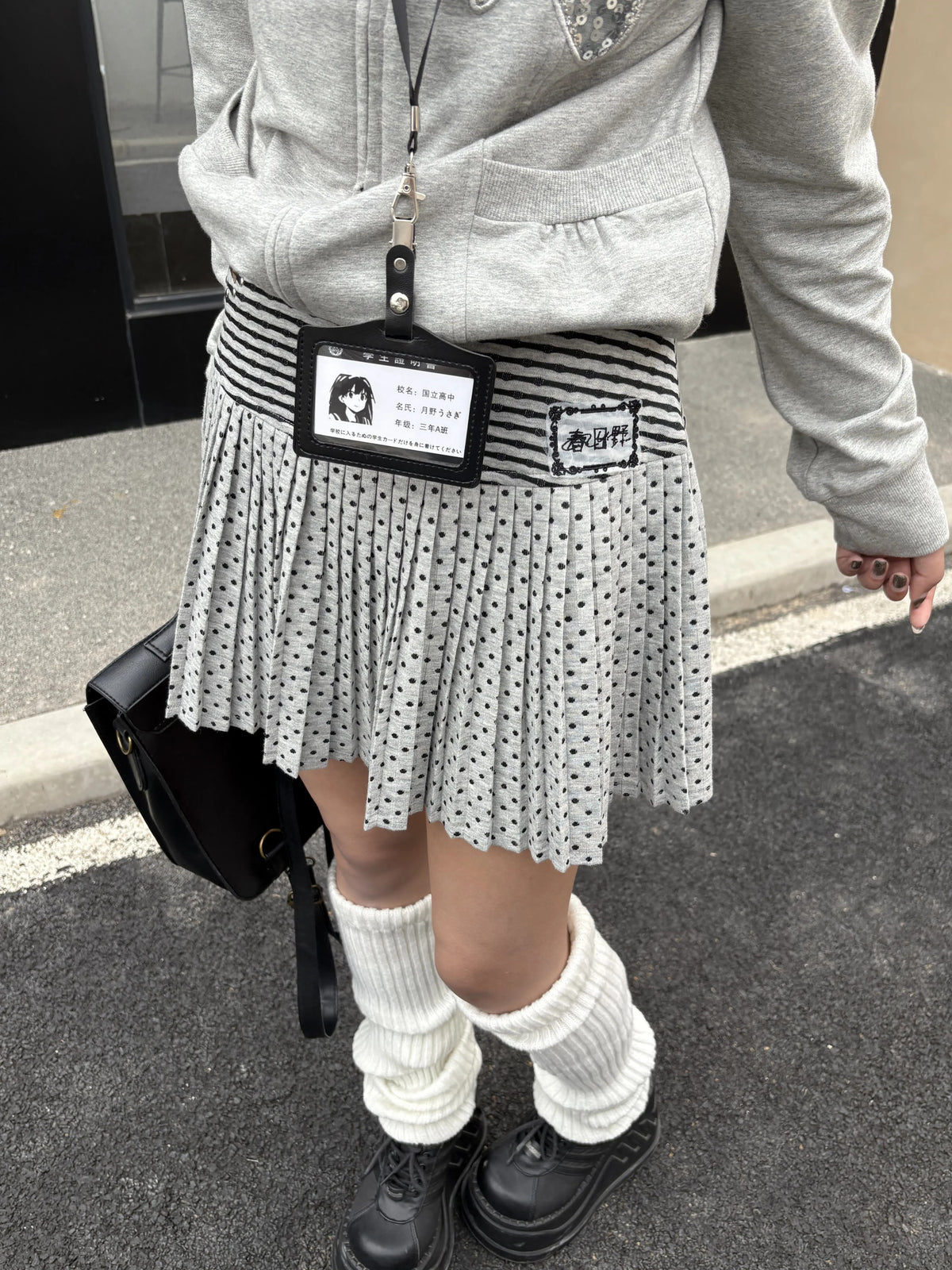 Gray Polka Dot Striped Pleated Knit Mini Skirt