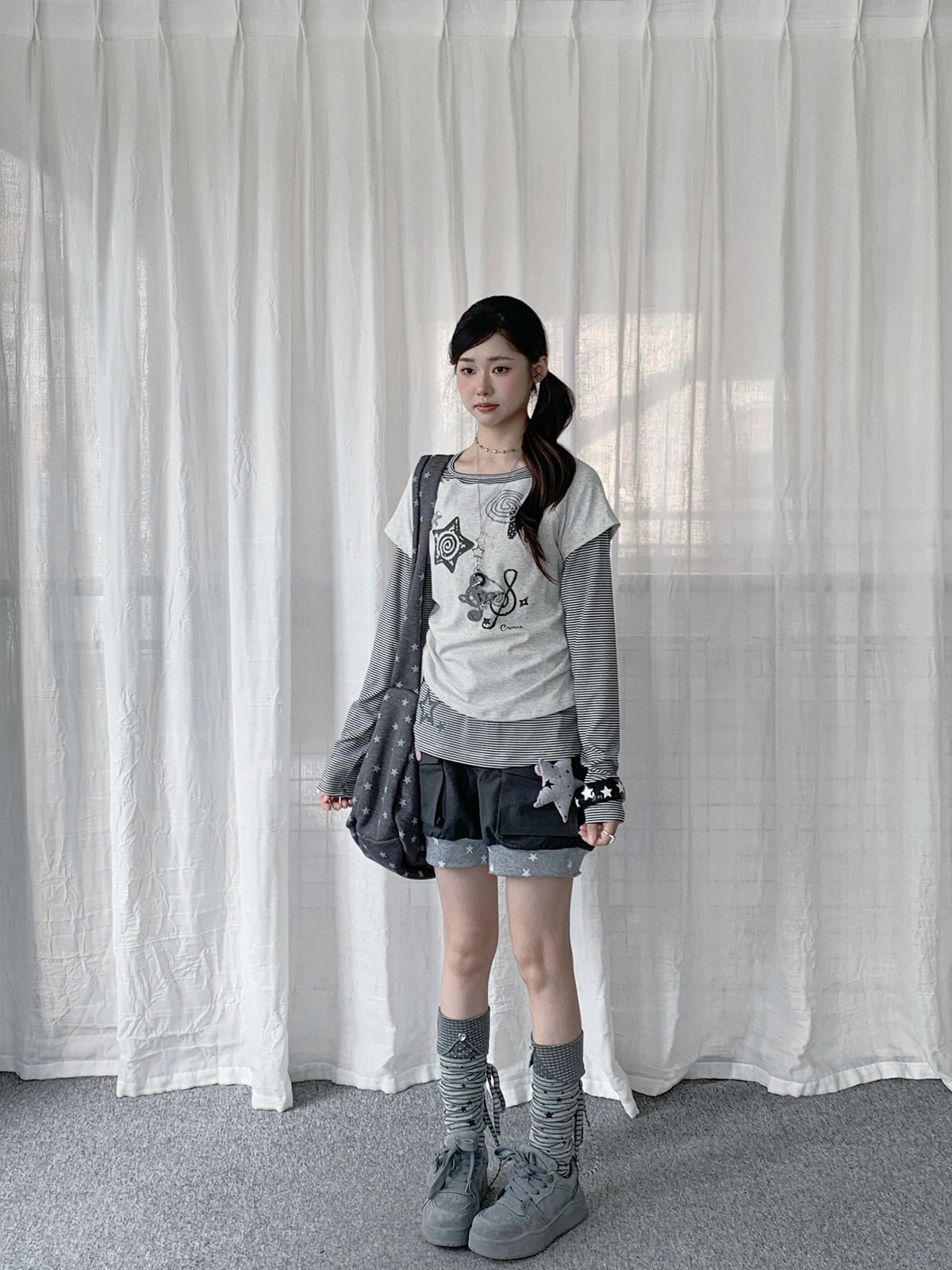 Music Star Faux-Layered Long Sleeve Top