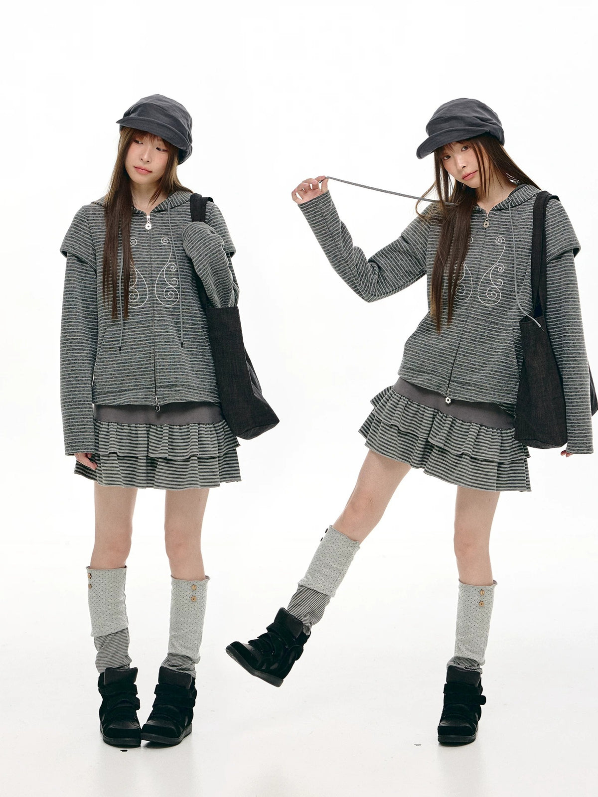 Charcoal Stripe Music Note Faux-Layer Zip Hoodie