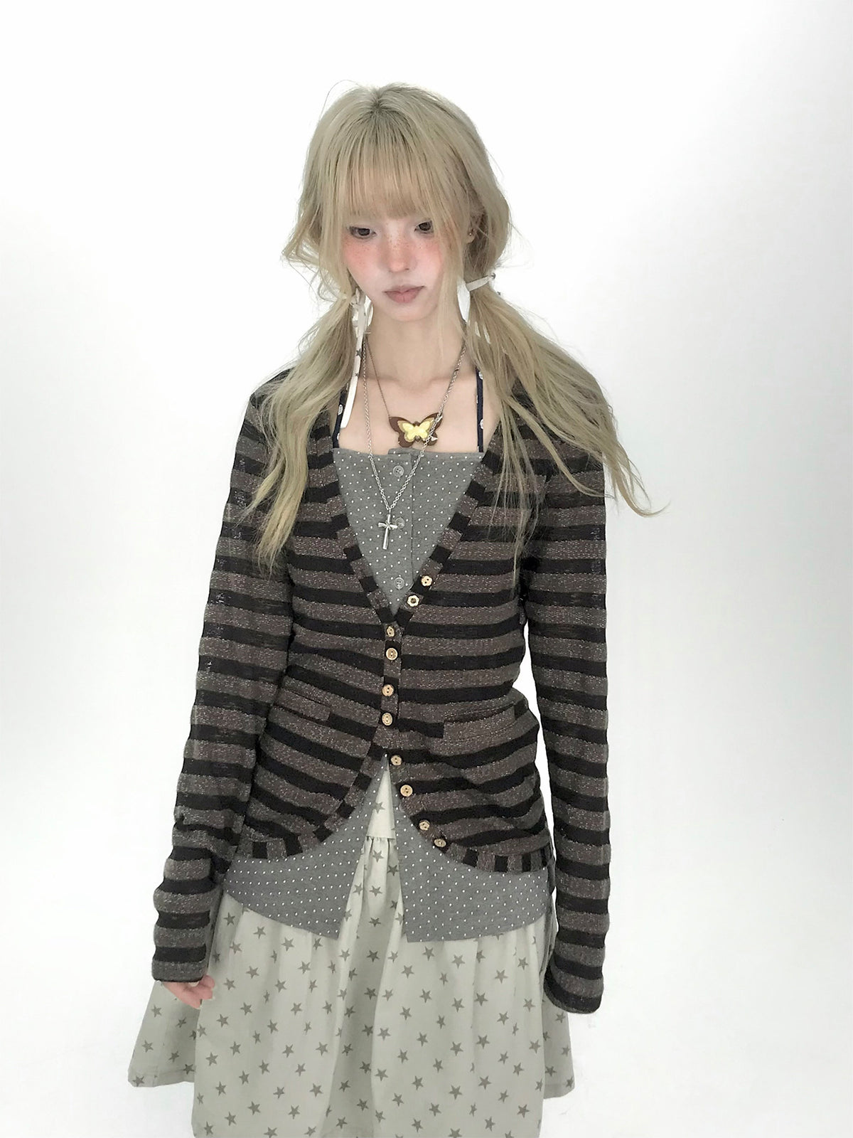 Striped Polka Dot Faux-Layered Button Long Sleeve Top