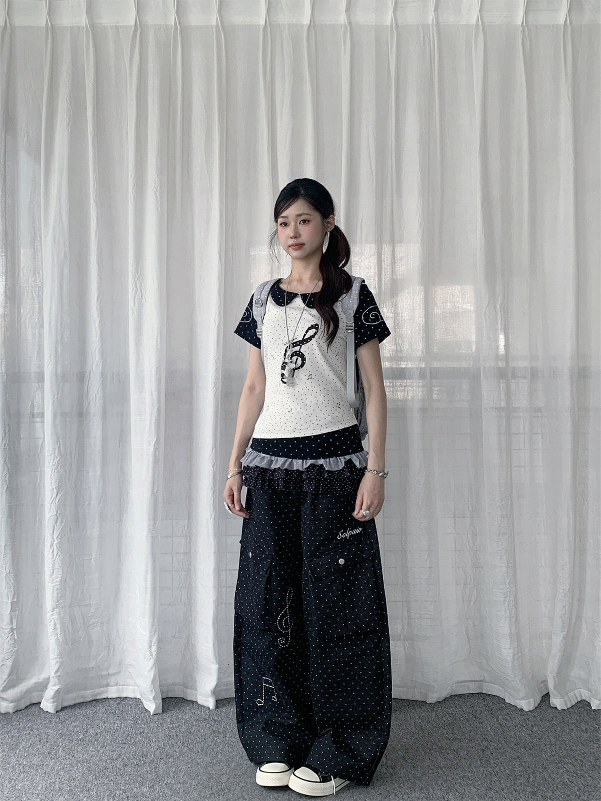 Polka Dot Music Note Embroidered Cargo Pants