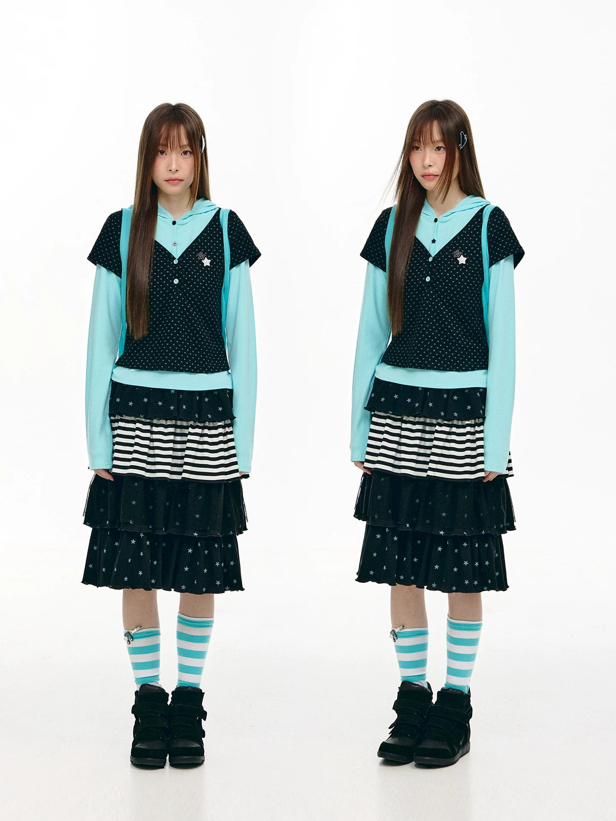 Polka Dot Faux-Layer Hooded Long Sleeve Top