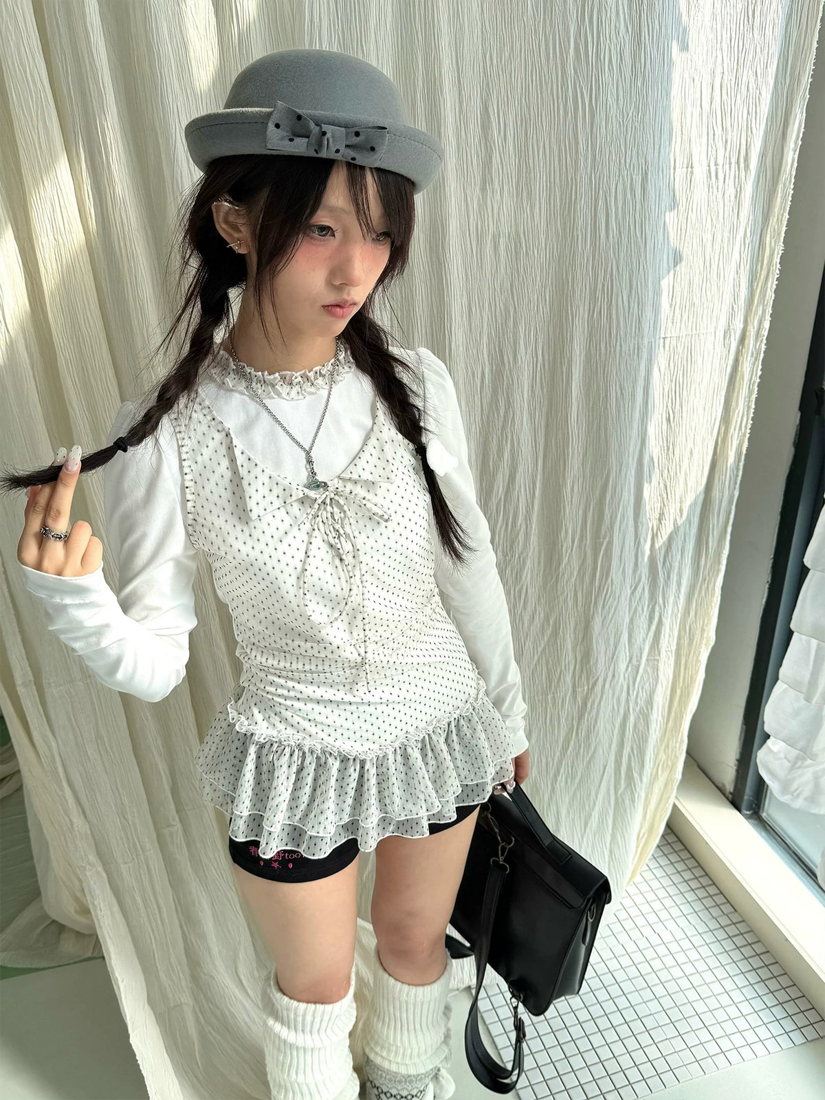 Polka Dot Mesh Ruffle Faux-Layered Long Sleeve Top