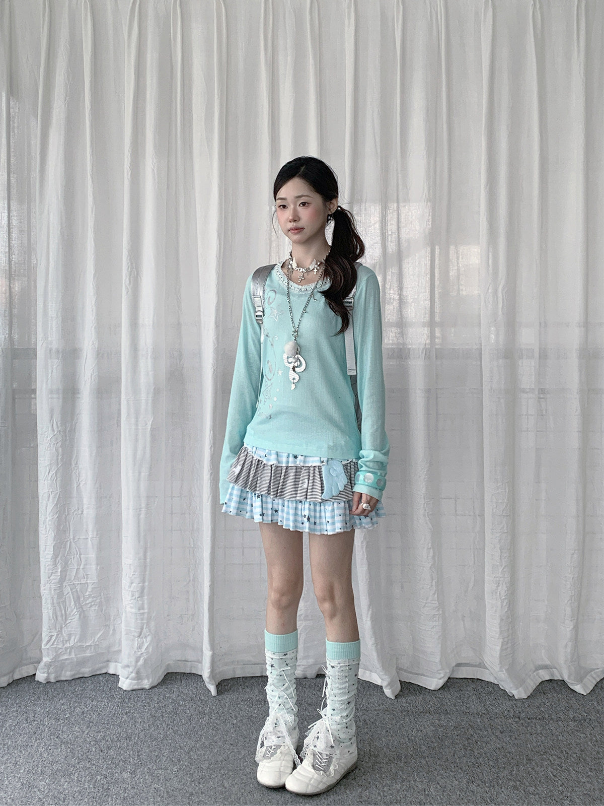 Mint Melody Lace-Trim Studded Long-Sleeve Top