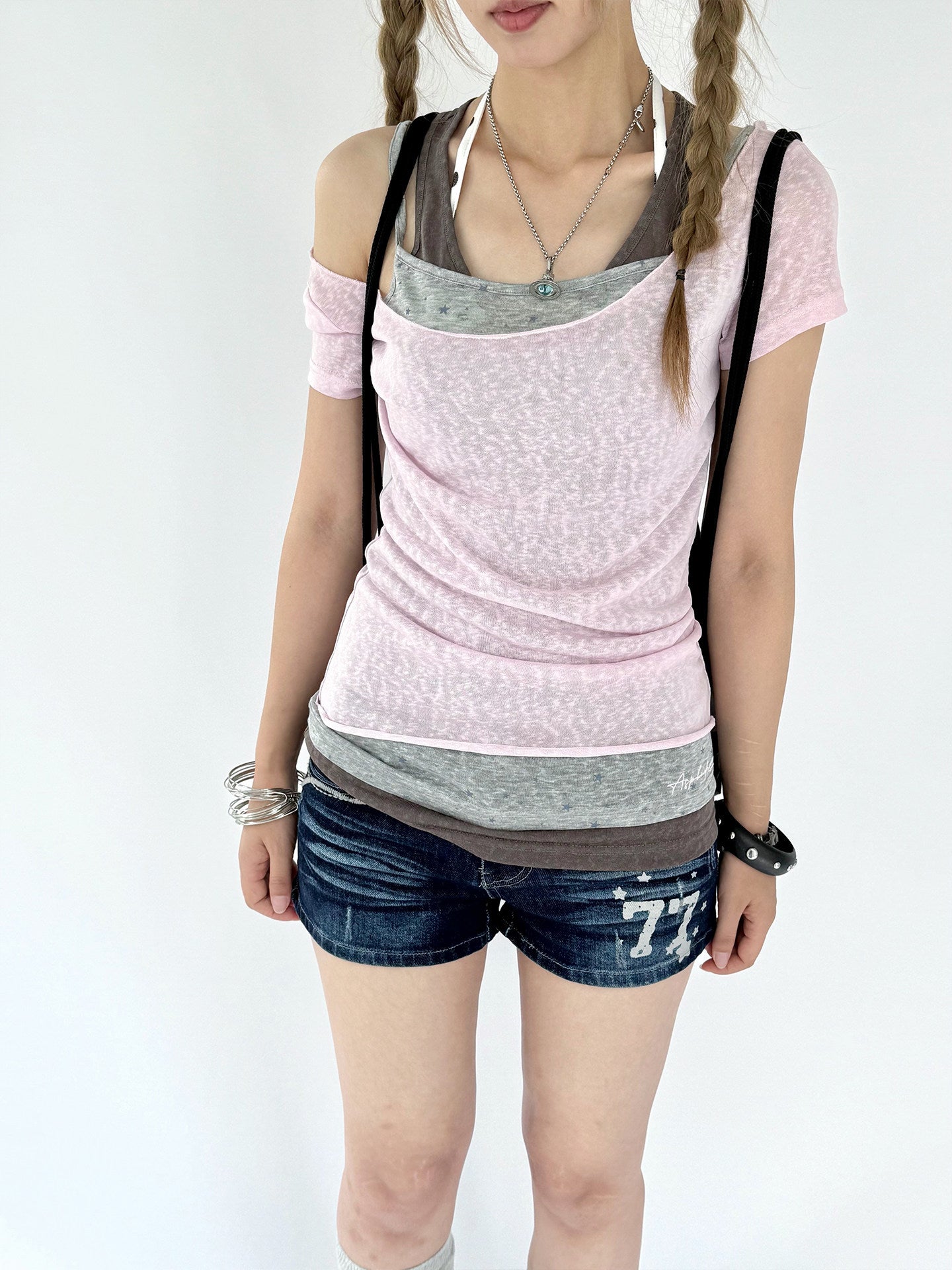 Pink Gray Triple-Layer Fitted Tee