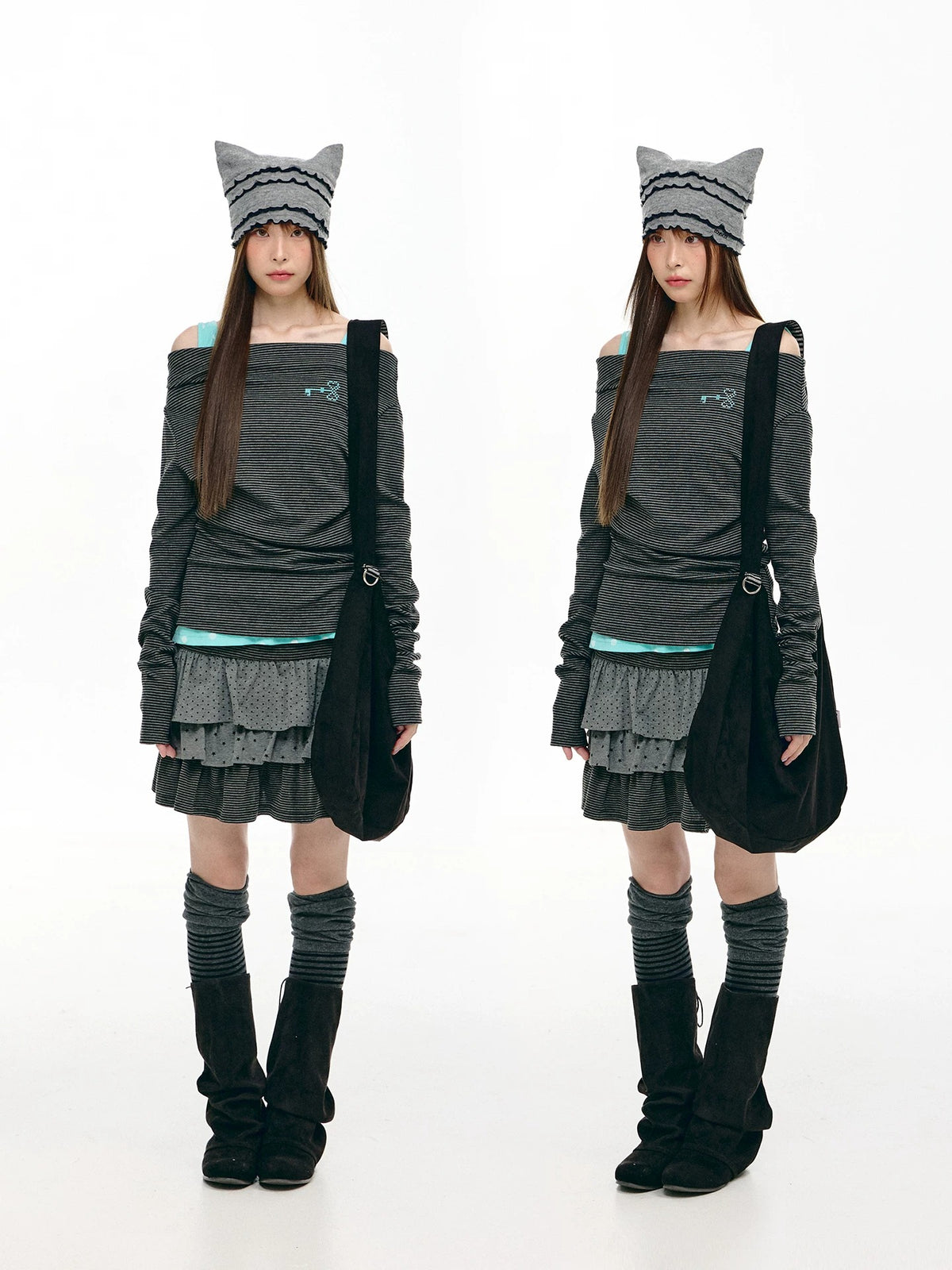 Charcoal Dot & Star Tiered Ruffle Mini Skirt