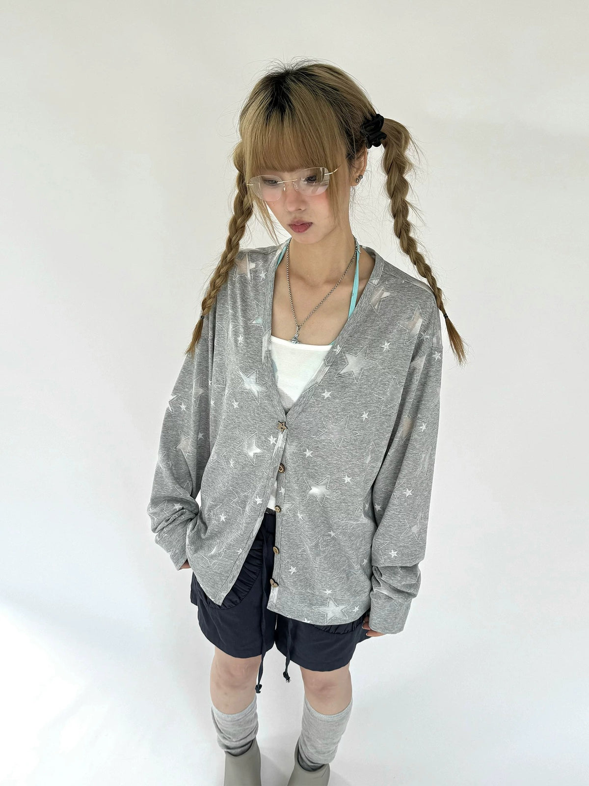 Heather Gray Sheer Star V-Neck Cardigan