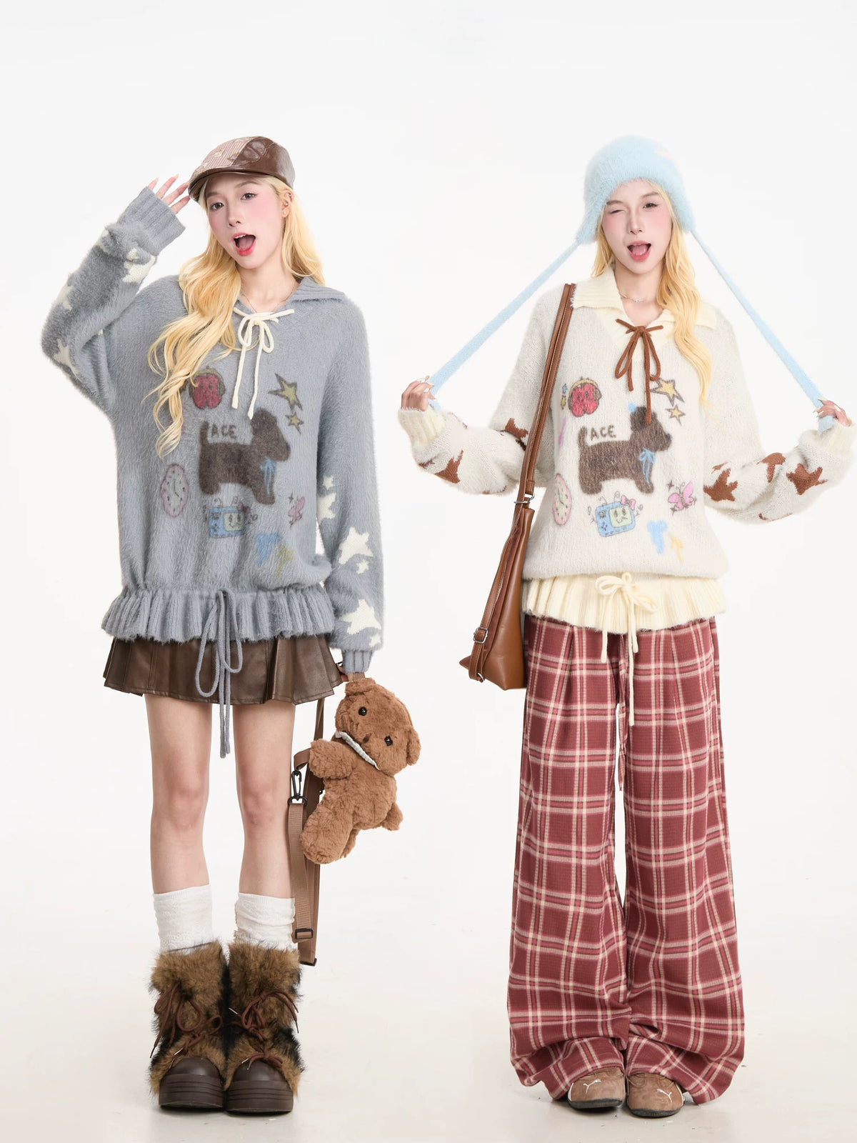 Puppy Graphic Bow-Collar Oversized Knit Sweater