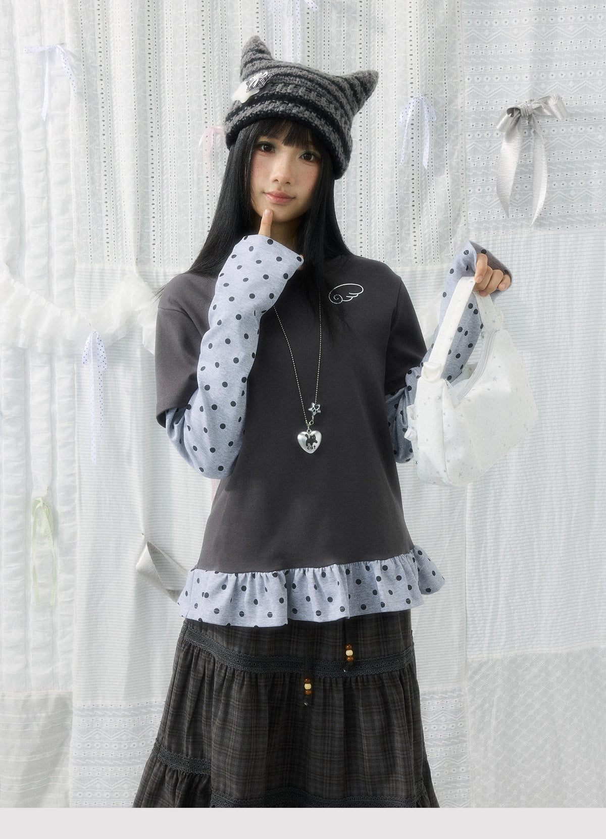Angel Wing Polka-Dot Layered Hooded Long Sleeve Top