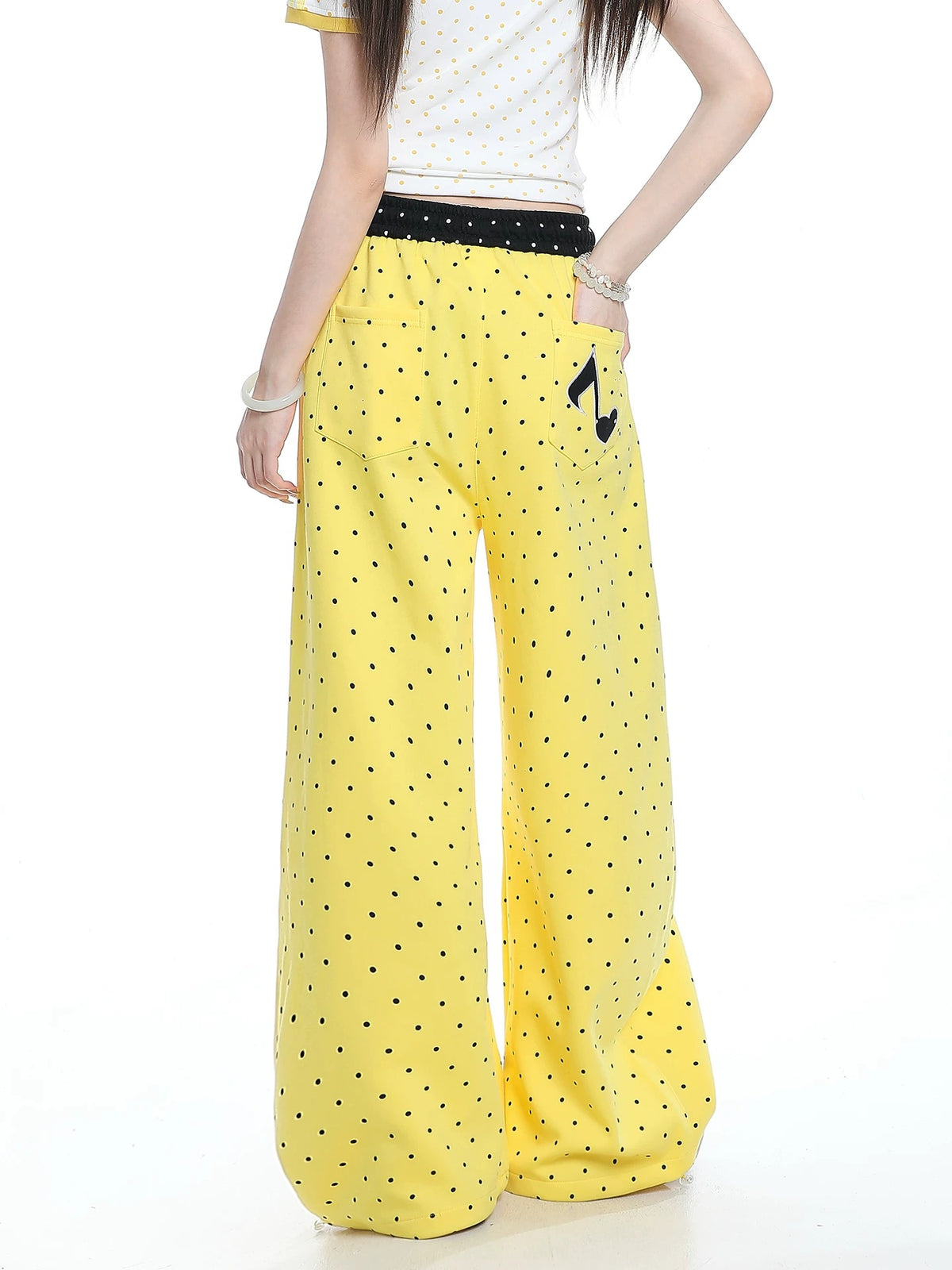 Polka-Dot Music Note Embroidered Wide-Leg Pants