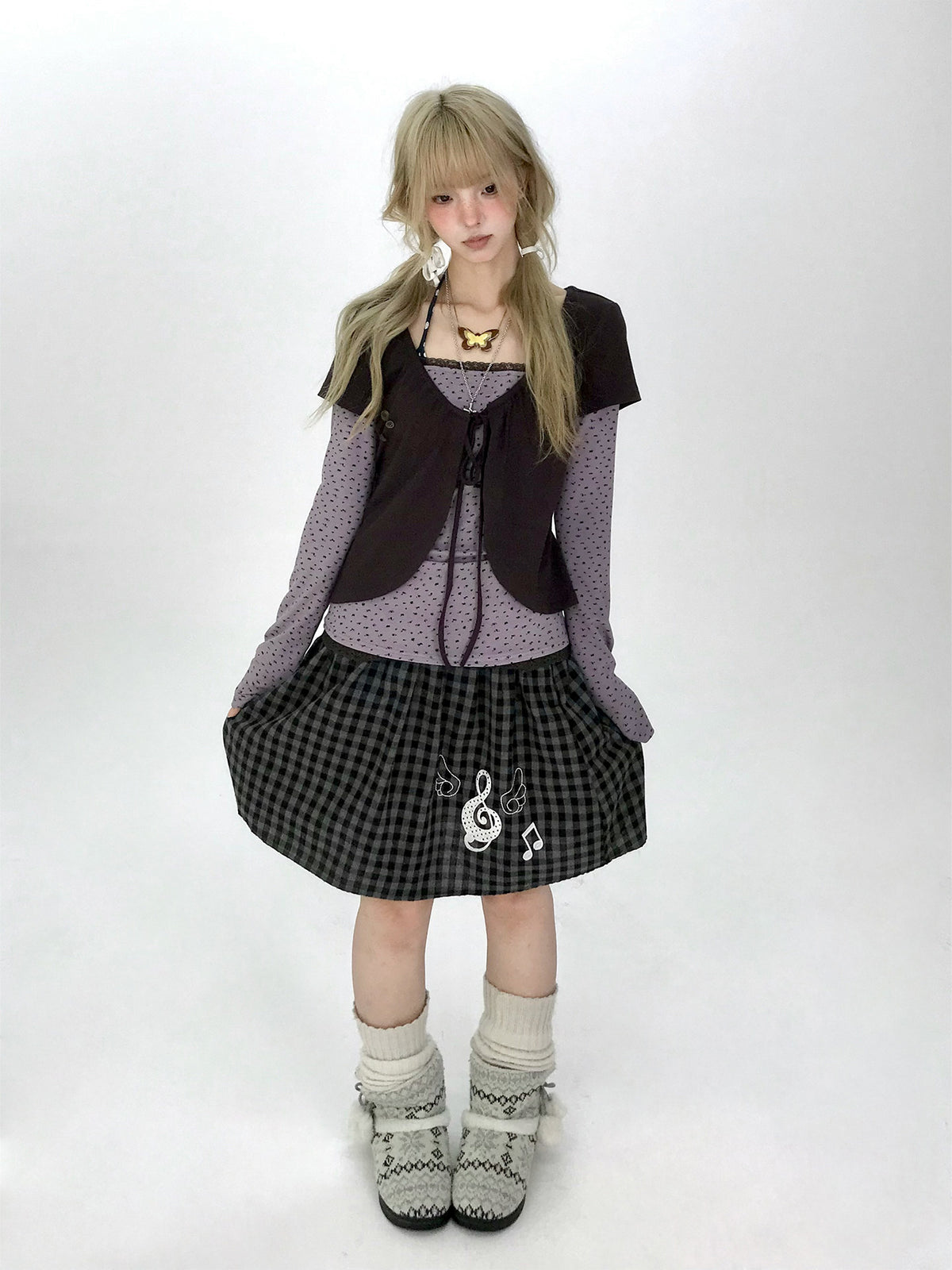 Striped Polka Dot Faux-Layered Button Long Sleeve Top