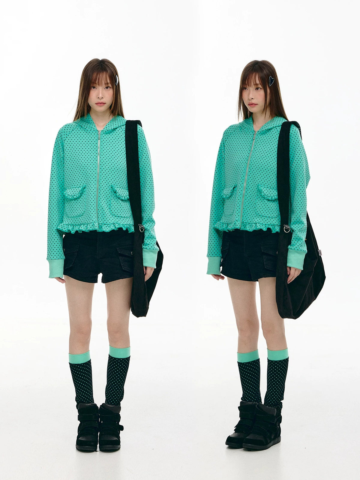 Mint Micro-Star Ruffle-Hem Zip-Up Hoodie