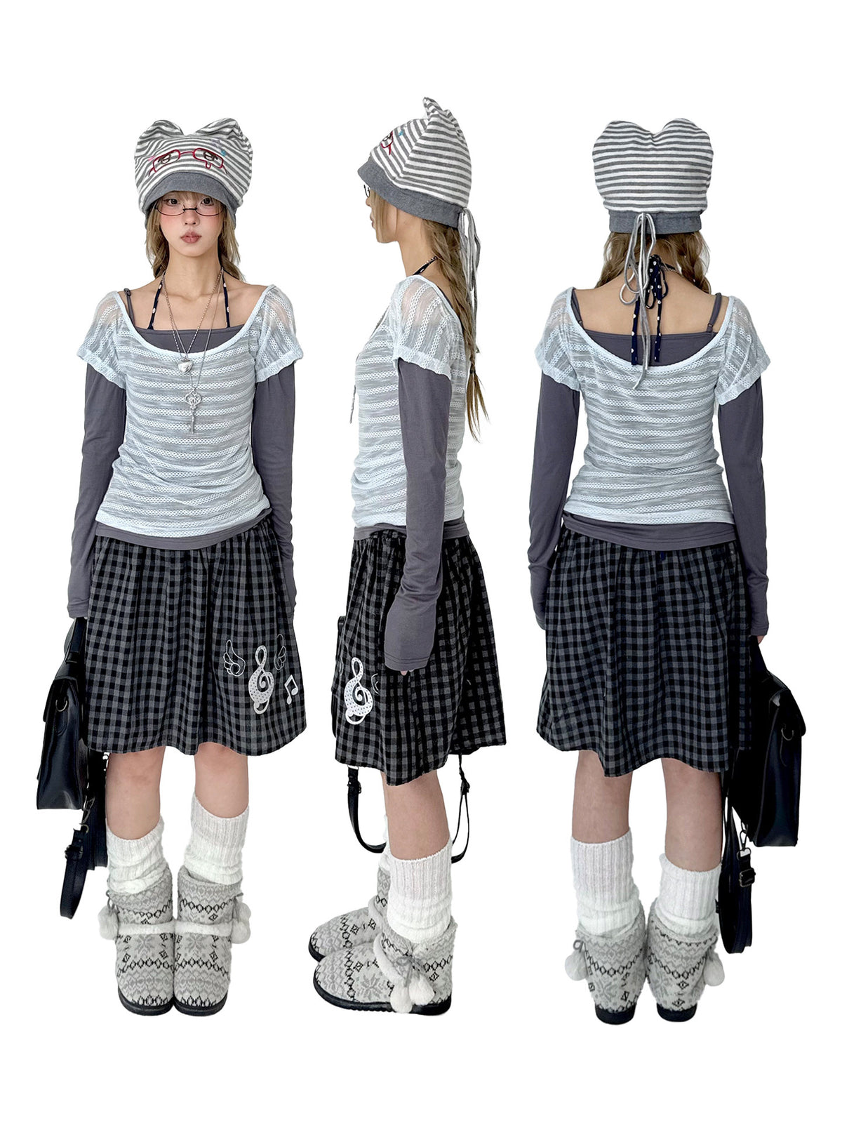 Gray Striped Bunny Ear Embroidered Knit Hat